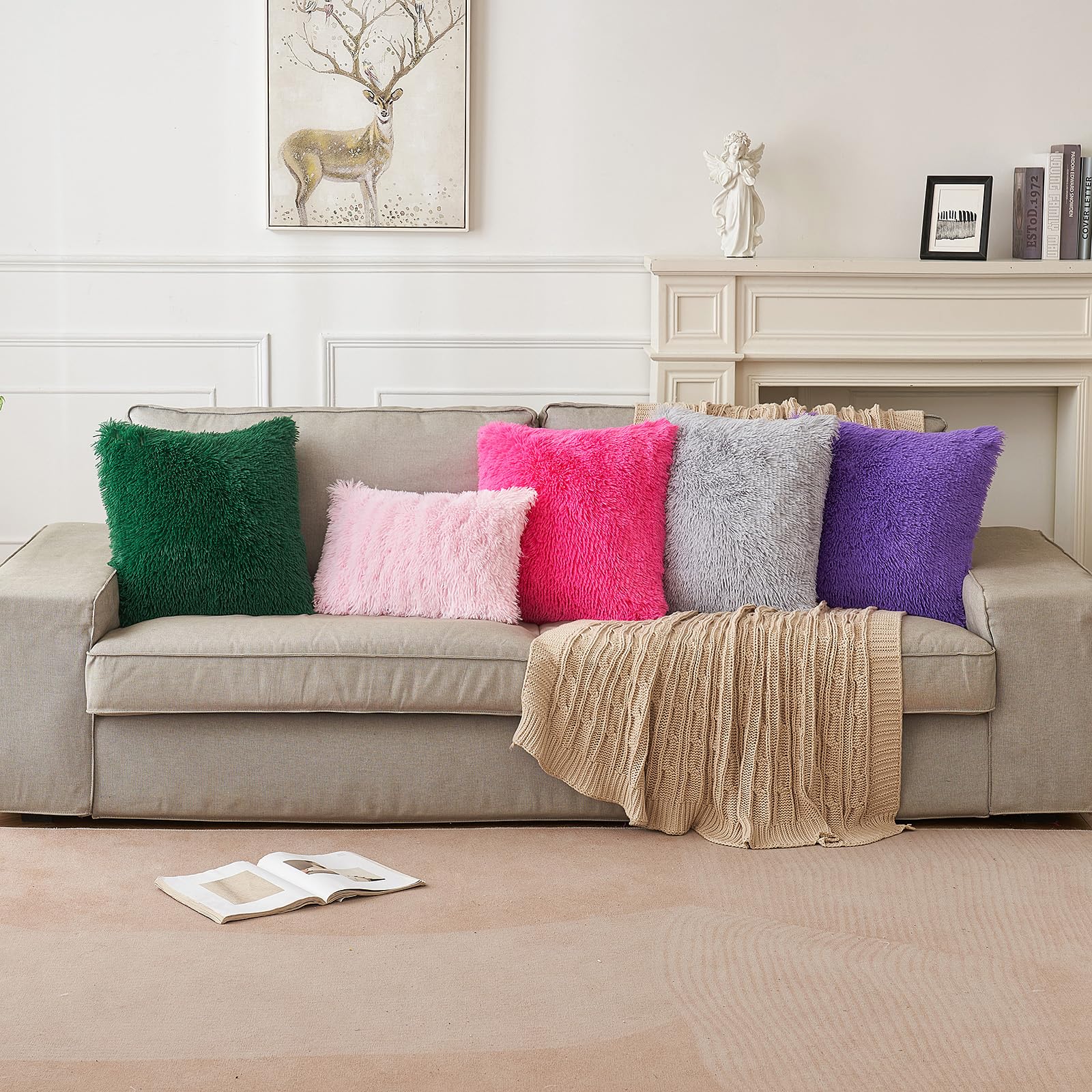 ANRODUO Pack of 2 Baby Pink Throw Pillow Covers Luxury Fluffy Pillows Faux Fur Decorative Pillows Plush Cushion Case Fuzzy Mongolian Merin Style for Bed Couch Sofa Living Room Summer Decor 16x16 Inch