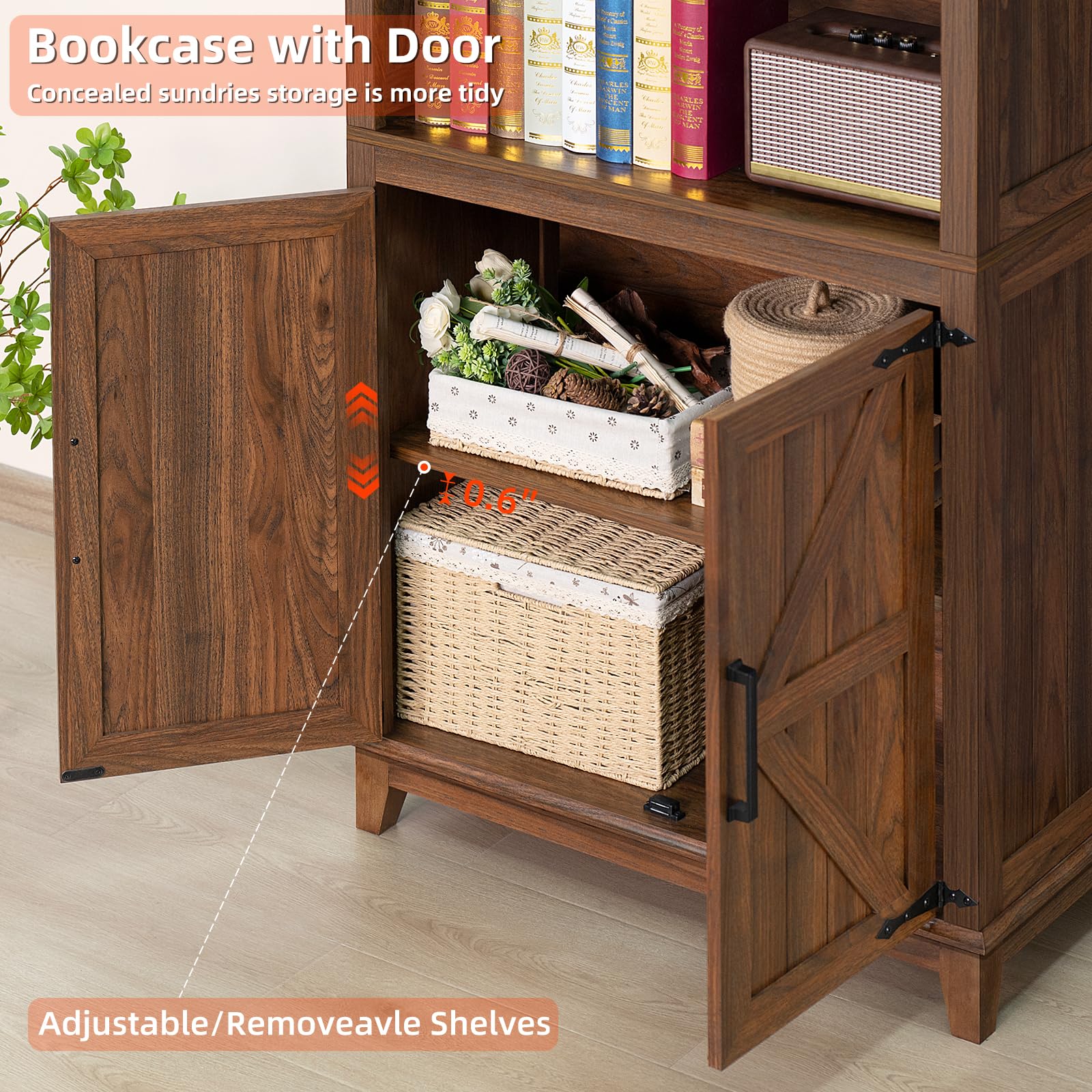 Joaxswe 70in Tall Bookshelf 5 Tier Bookcase with Barn Doors and Adjustable Shelves, Black Farmhouse Book Shelf with Storage Cabinet, Wood Freestanding Display Bookshelves for Bedroom, Living Room