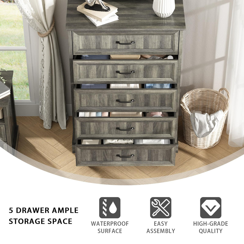 Farmhouse 5 Drawers Dresser for Bedroom, 44" Tall Brown dresser Wood Rustic Chest of Drawers with Wide Metal Handle,Natural Texture,Drawer Organizer for Bedroom,Living Room,Hallway and Entryway