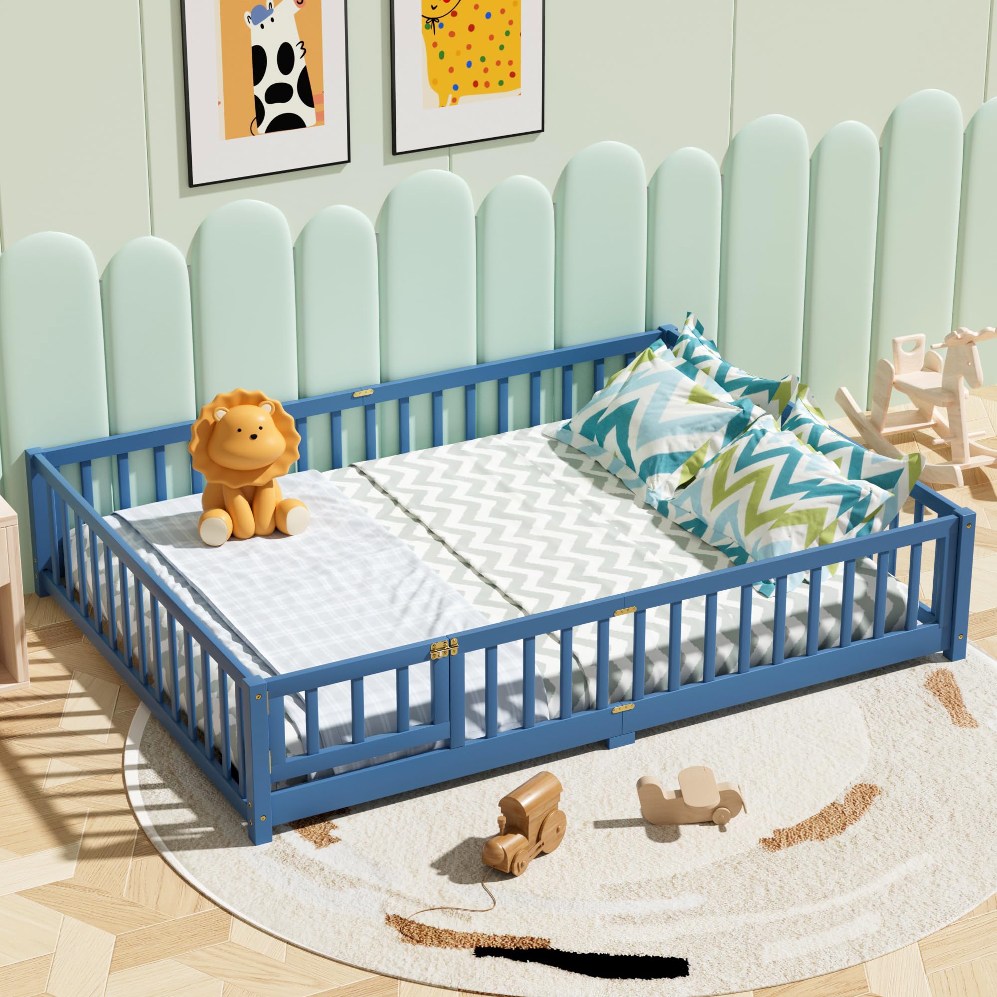 i-POOK Queen Floor Bed for Children, Sturdy Wood Montessori Bed Frame with Wood Slats, High Fence & Small Door for Girls and Boys, Espresso (with Bed Slats)