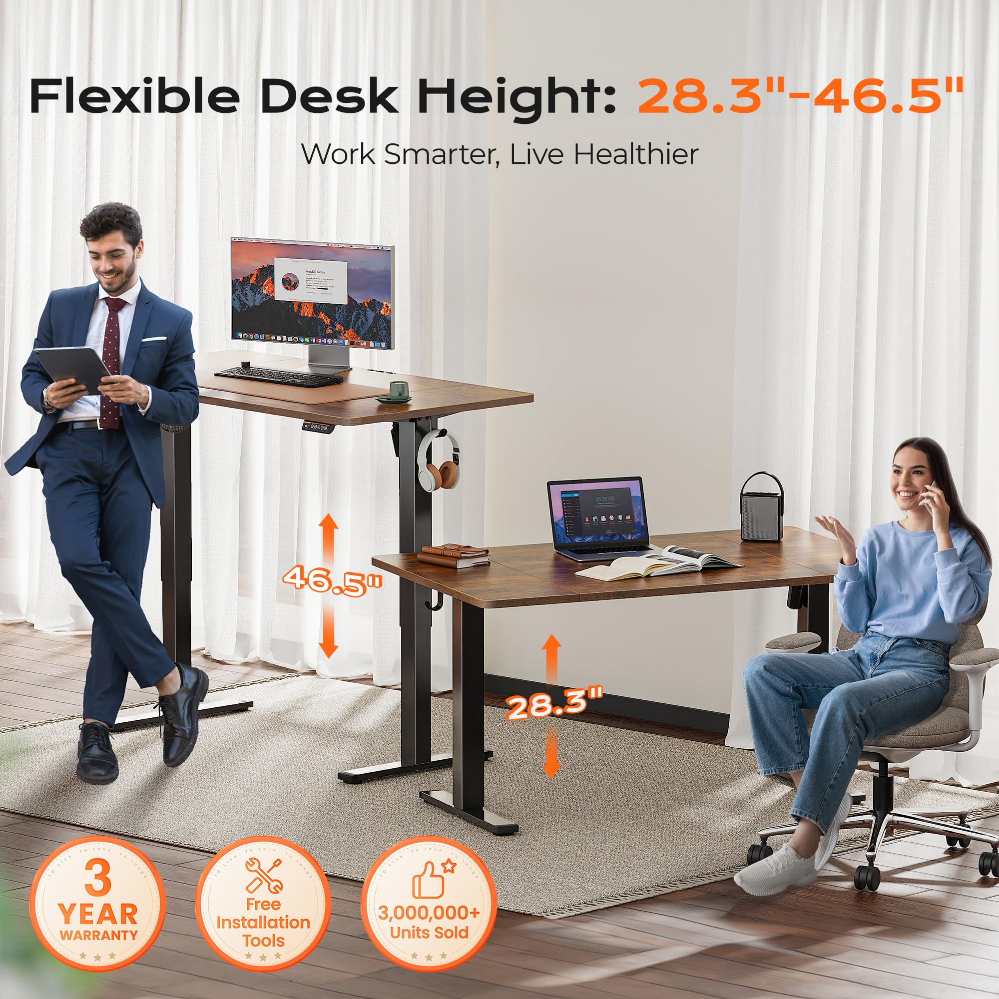 Huuger 48 x 28 Large Electric Standing Desk, Height Adjustable Desk, 27.6" Deep Desktop, Stand up Gaming, 2 Hooks, 3 Preset Heights, for Home Office, Black