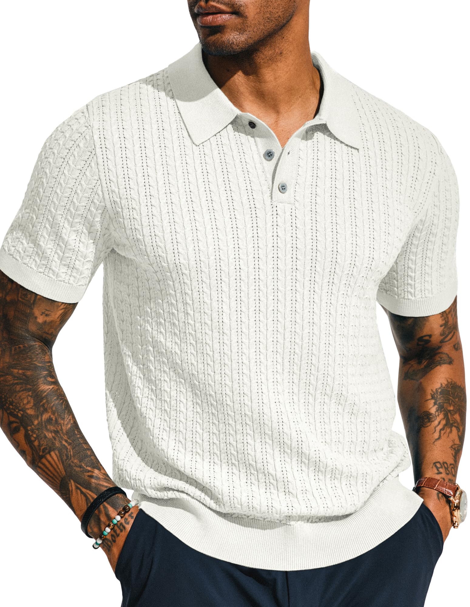 PJ PAUL JONES Mens Knit Polo Shirt Short Sleeve Hollow Out Knit Shirt Texture Knitted Polo