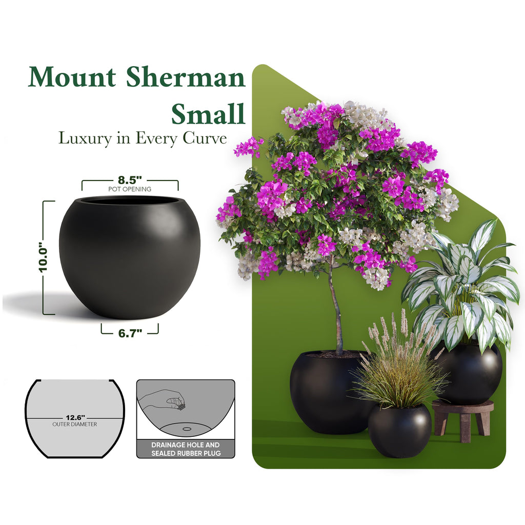 DTY Fiberstone Globe Planter Indoor Outdoor — Lightweight Sphere Ball Pot for Olive Tree, Monstera & Palm | Fiberglass Stone | UV Resistant, Drainage Hole | 2 Coco Mats | Black | 12.6" D × 10" H