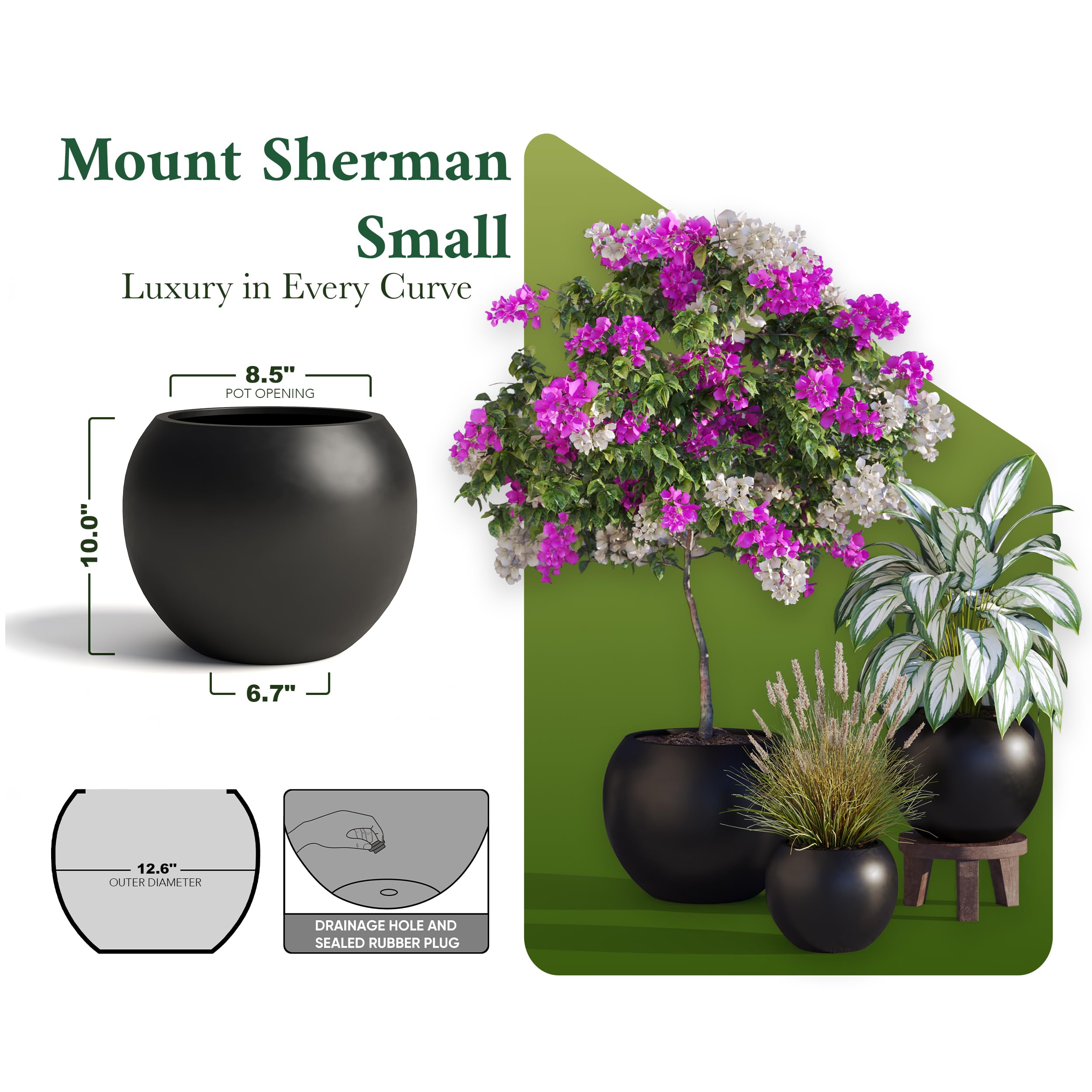 DTY Fiberstone Globe Planter Indoor Outdoor — Lightweight Sphere Ball Pot for Olive Tree, Monstera & Palm | Fiberglass Stone | UV Resistant, Drainage Hole | 2 Coco Mats | Black | 12.6" D × 10" H