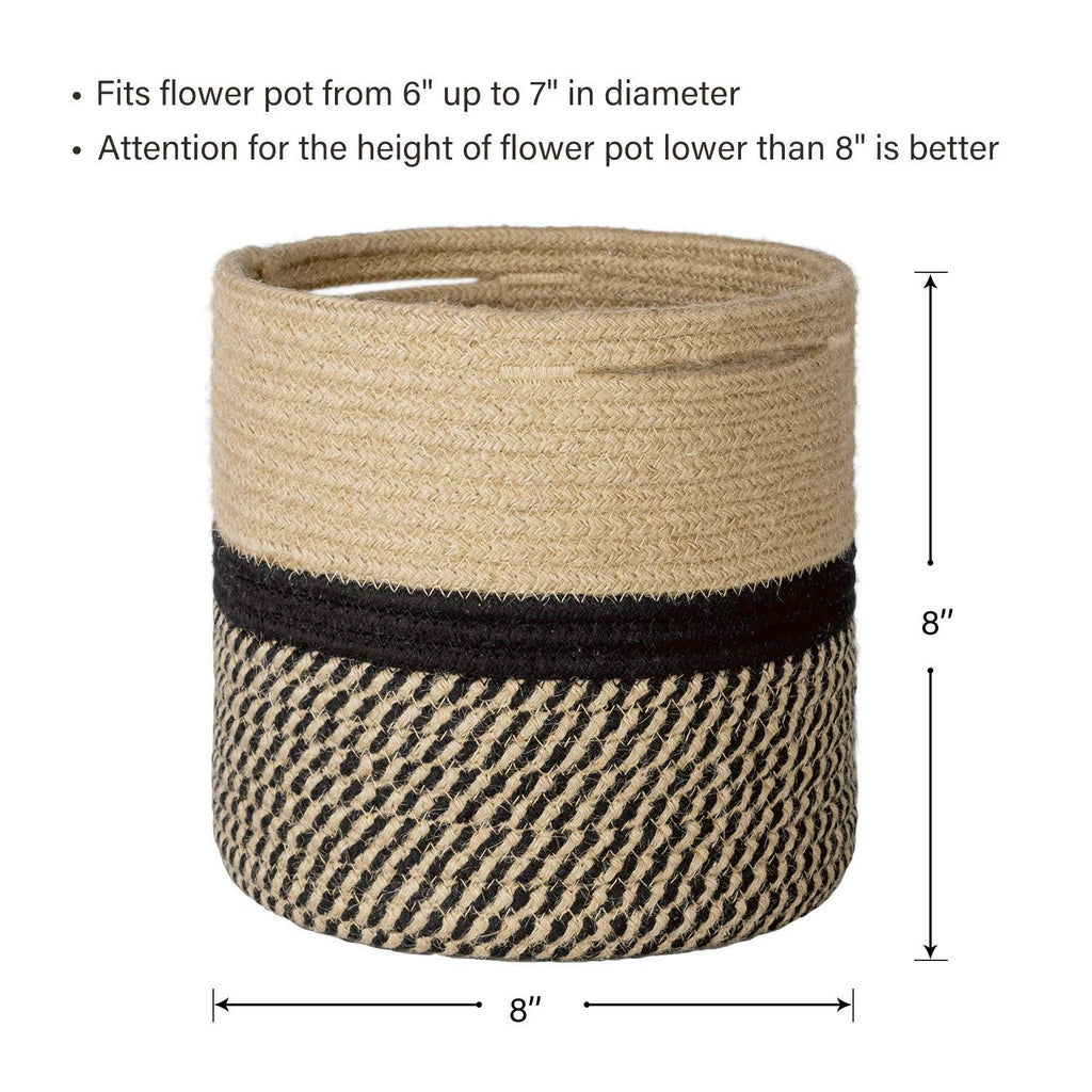 TIMEYARD Sturdy Jute Rope Plant Basket Modern Woven Basket up to 7.5 Inch Flower Pot Floor Indoor Planters, 8” x 8” Storage Organizer Baskets Rustic Home Decor, Black Stripes