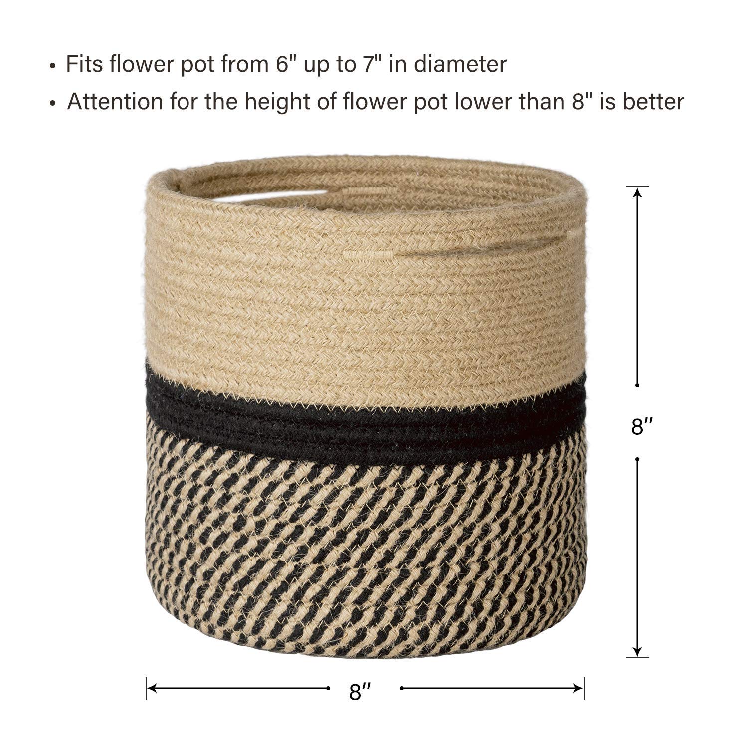 TIMEYARD Sturdy Jute Rope Plant Basket Modern Woven Basket up to 7.5 Inch Flower Pot Floor Indoor Planters, 8” x 8” Storage Organizer Baskets Rustic Home Decor, Black Stripes