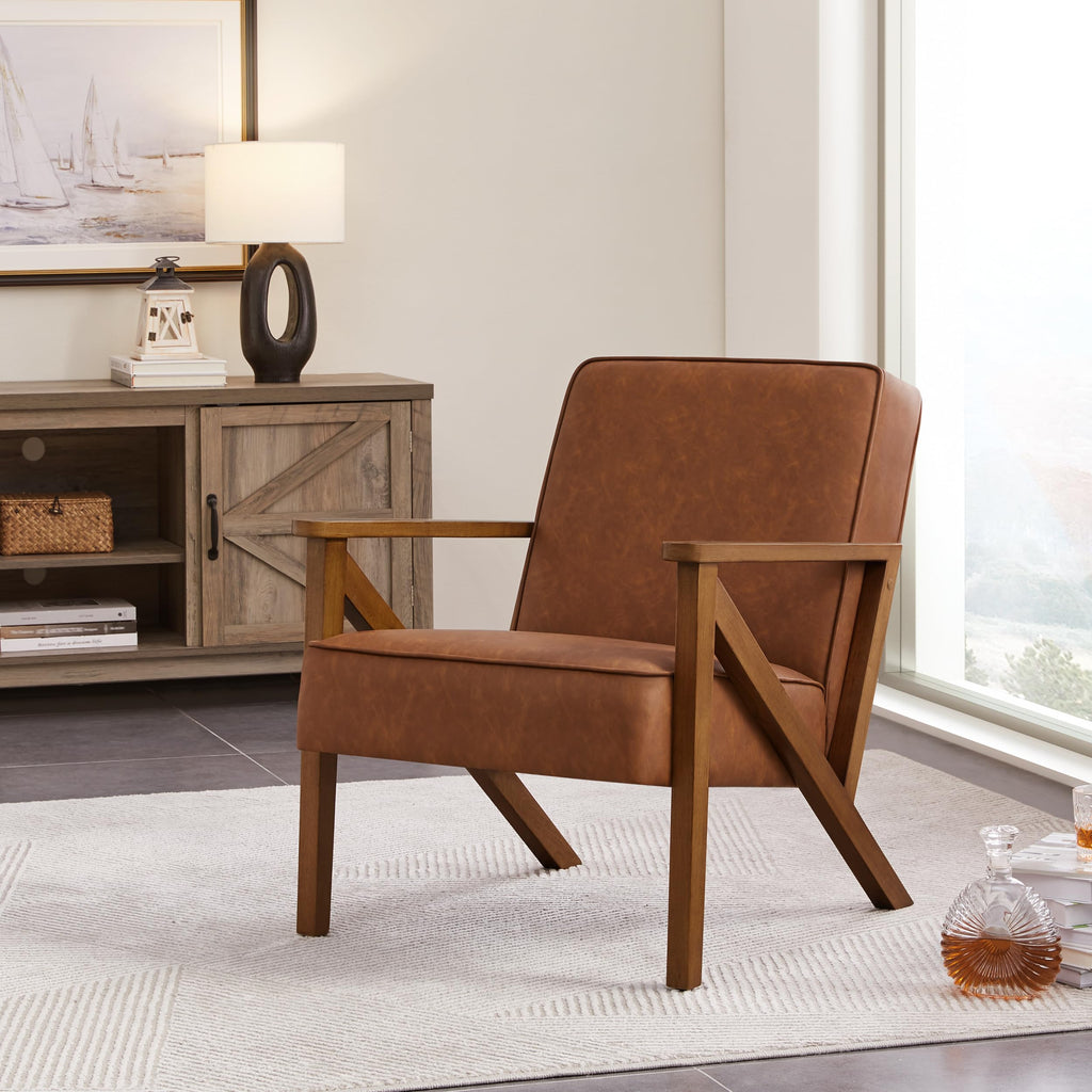 Yaheetech Accent Chair, PU Leather Reading Chair, Mid Century Modern Arm Chair with Solid Wood Frame for Living Room Bedroom Waiting Room, 2 Pieces, Black