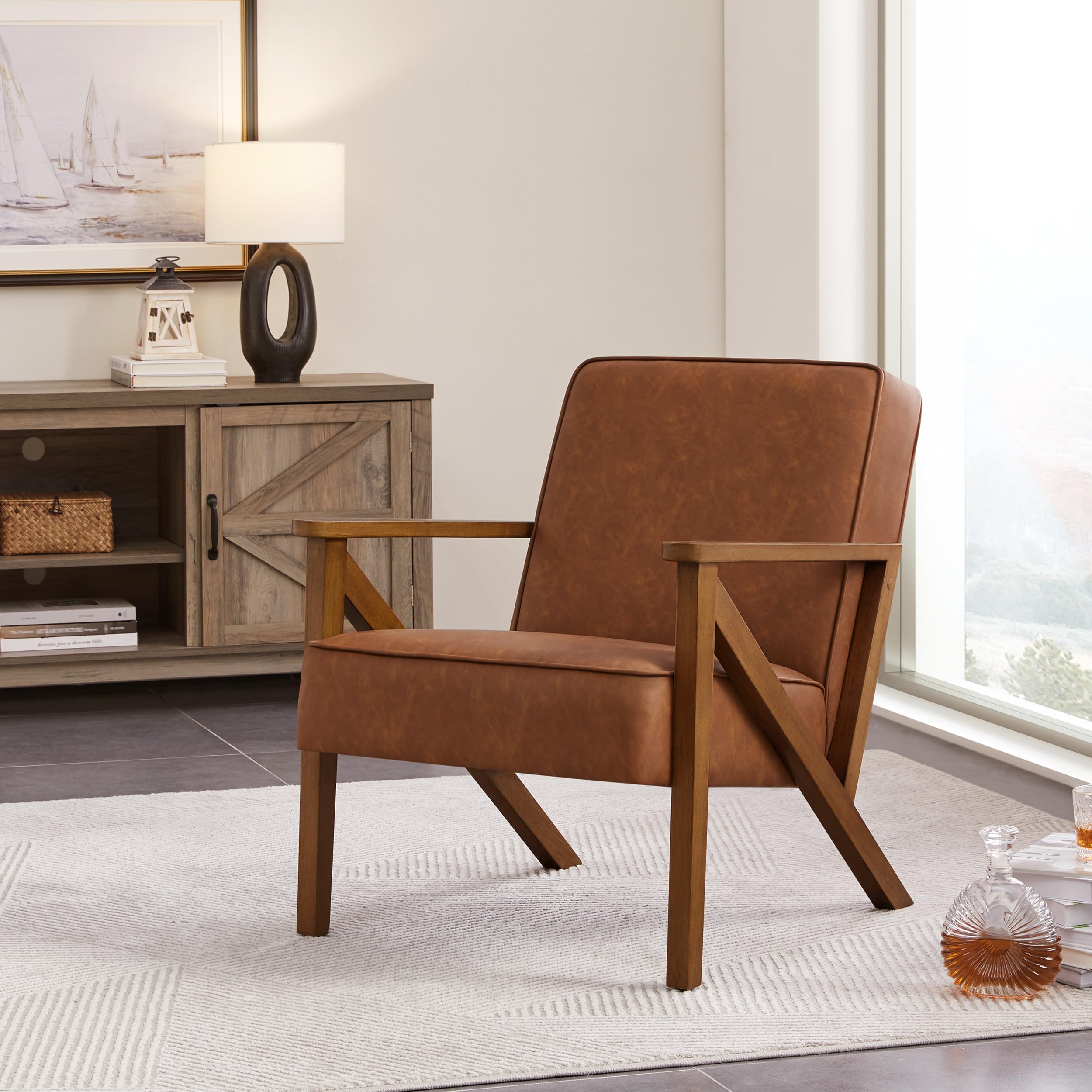 Yaheetech Accent Chair, PU Leather Reading Chair, Mid Century Modern Arm Chair with Solid Wood Frame for Living Room Bedroom Waiting Room, 2 Pieces, Black