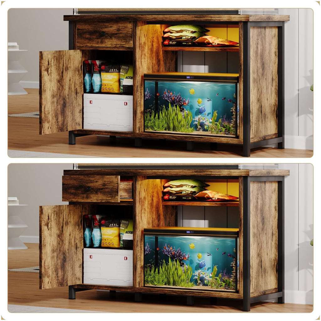 4ever2buy 55-75 Gallon Fish Tank Stand with Power Outlets, LED Light, Heavy Duty Aquarium Stand with Cabinet for Fish Tank Accessories Storage, for Turtle Tank, Reptile Terrarium, 1100LBS, Black