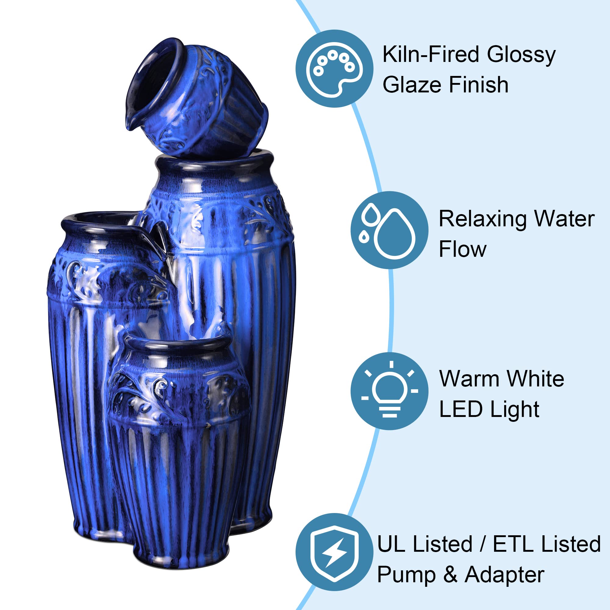 Glitzhome 27.25" H Outdoor Garden Water Fountain with LED Lights and Pump, 4 Tier Cobalt Blue Embossed Pattern Ceramic Pots Cascading Floor Standing Fountain for Porch Deck Patio Backyard Decoration