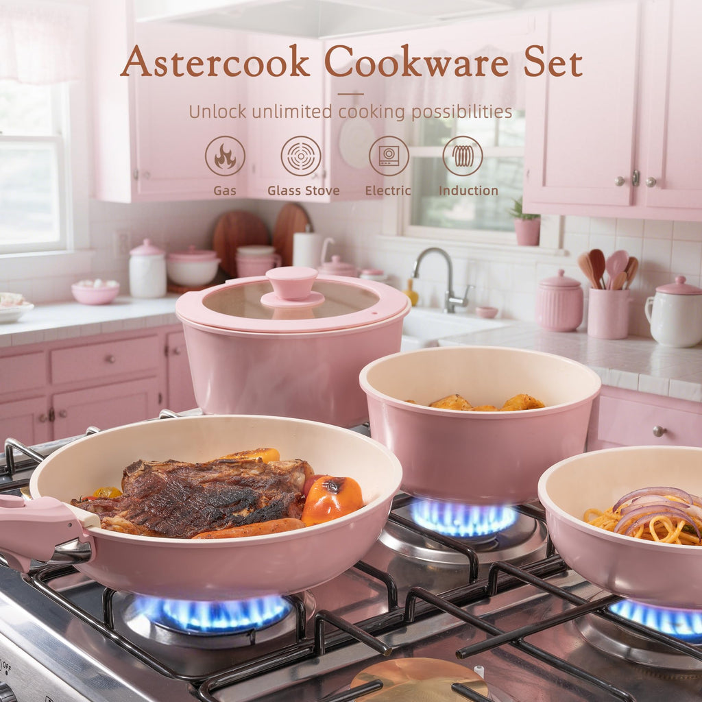 Astercook 21 Pcs Pots and Pans Set Non Stick, Ceramic Cookware Set Detachable Handle, RV Kitchen Cooking Set Removable Handles, Oven Safe, Induction Ready, Stackable, Black, Mothers Day Gifts