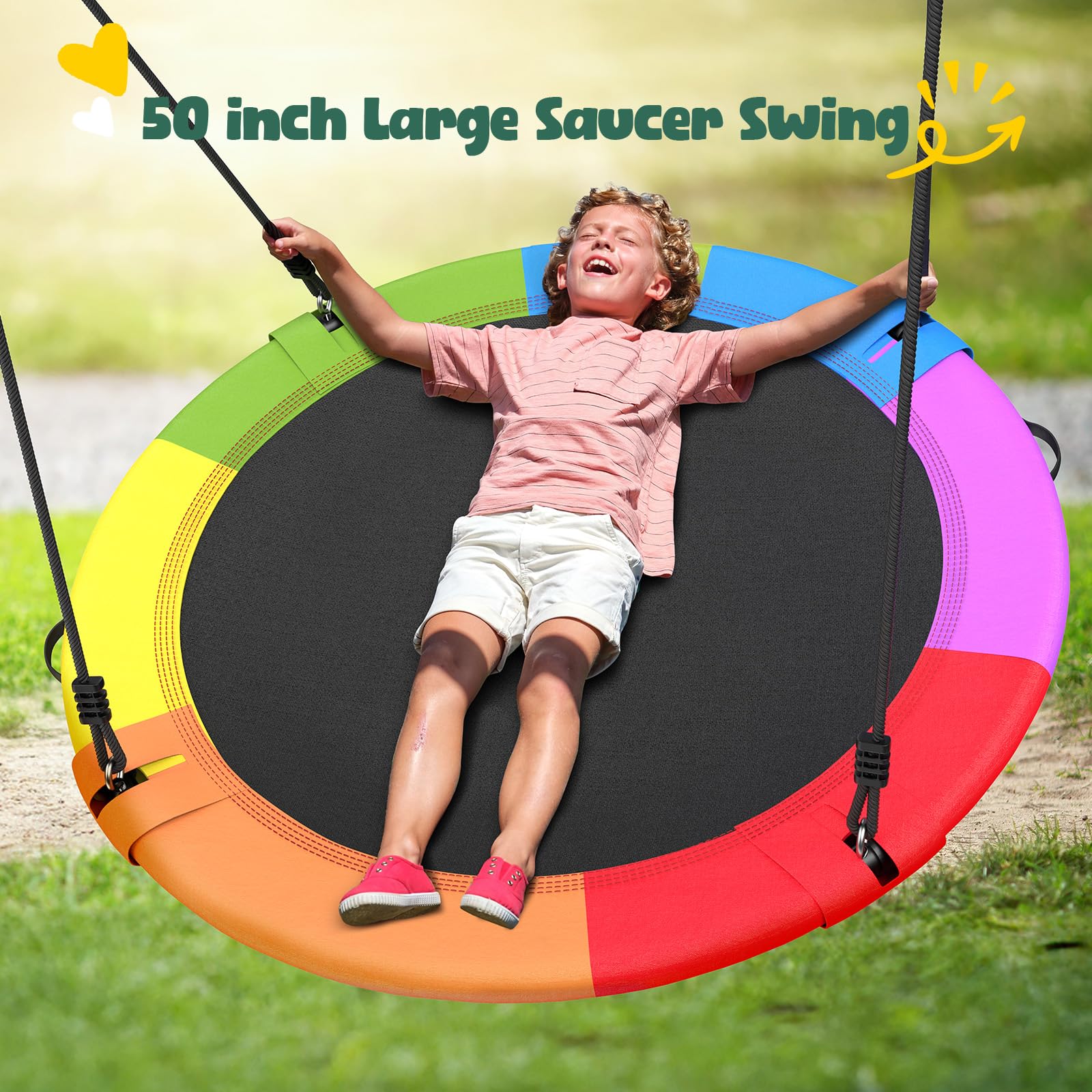 Hapfan 50" Large Saucer Swing with Frame for Kids Outdoor, 6.5 ft Tall 500 lbs Swing Sets for Backyard, Heavy Duty Metal Outdoor Swingset for Adults