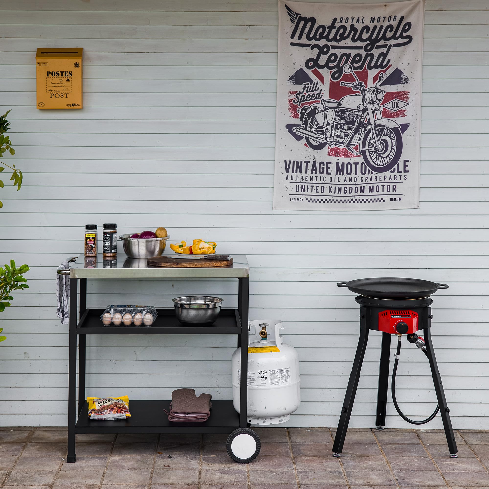 OuterMust Outdoor Cooker Wok Station with Cover, Iron Wok, Electronic Ignition and Burner 54000 BTU for BBQ, Backyard