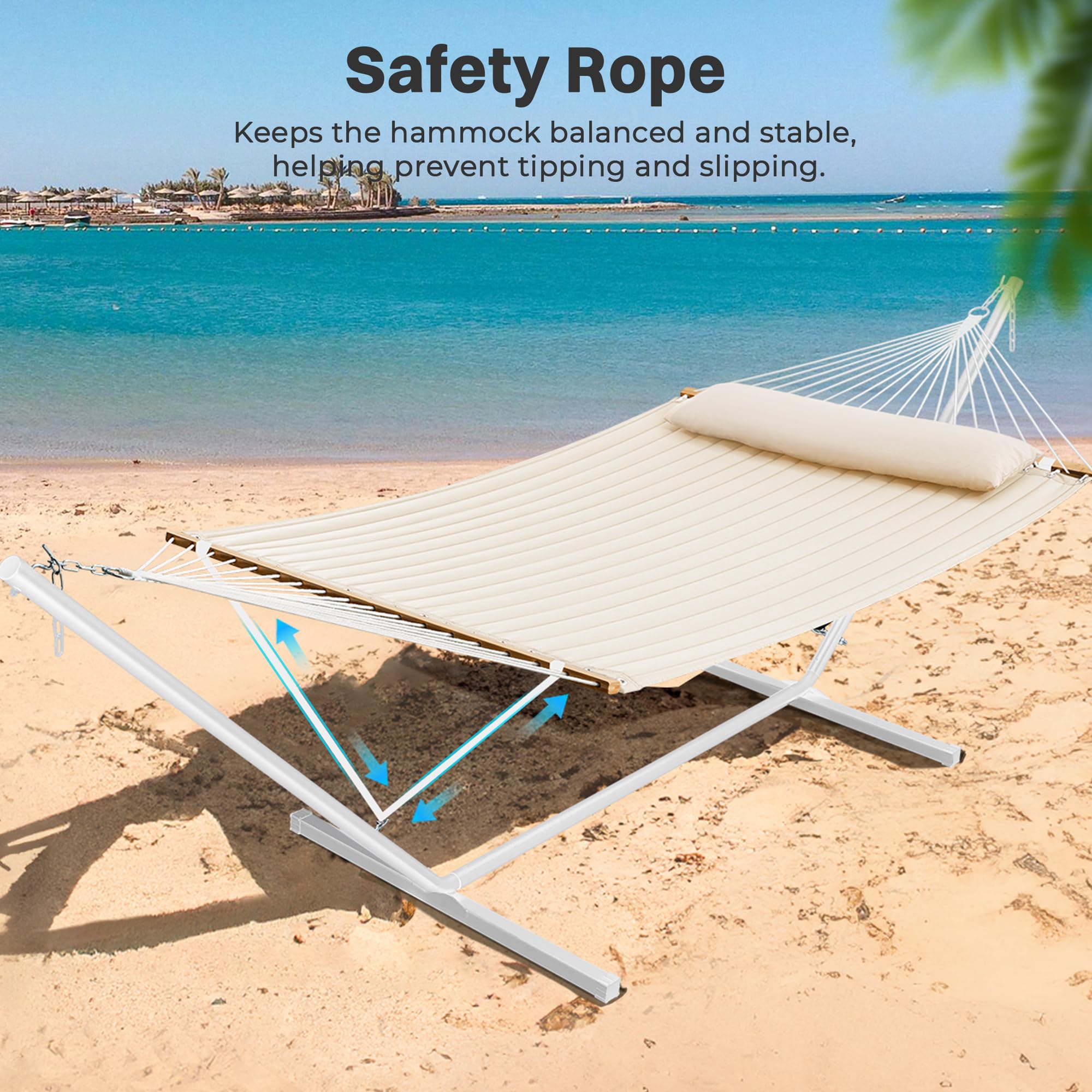 SUPERJARE Hammock with Stand, 2 Person Quilted Outdoor Hammock, Detachable Pillow & Bamboo Spreaders, Portable Hammock with Carrying Bag, Heavy Duty Stand, Perfect for Outside, Patio, Aqua Blue