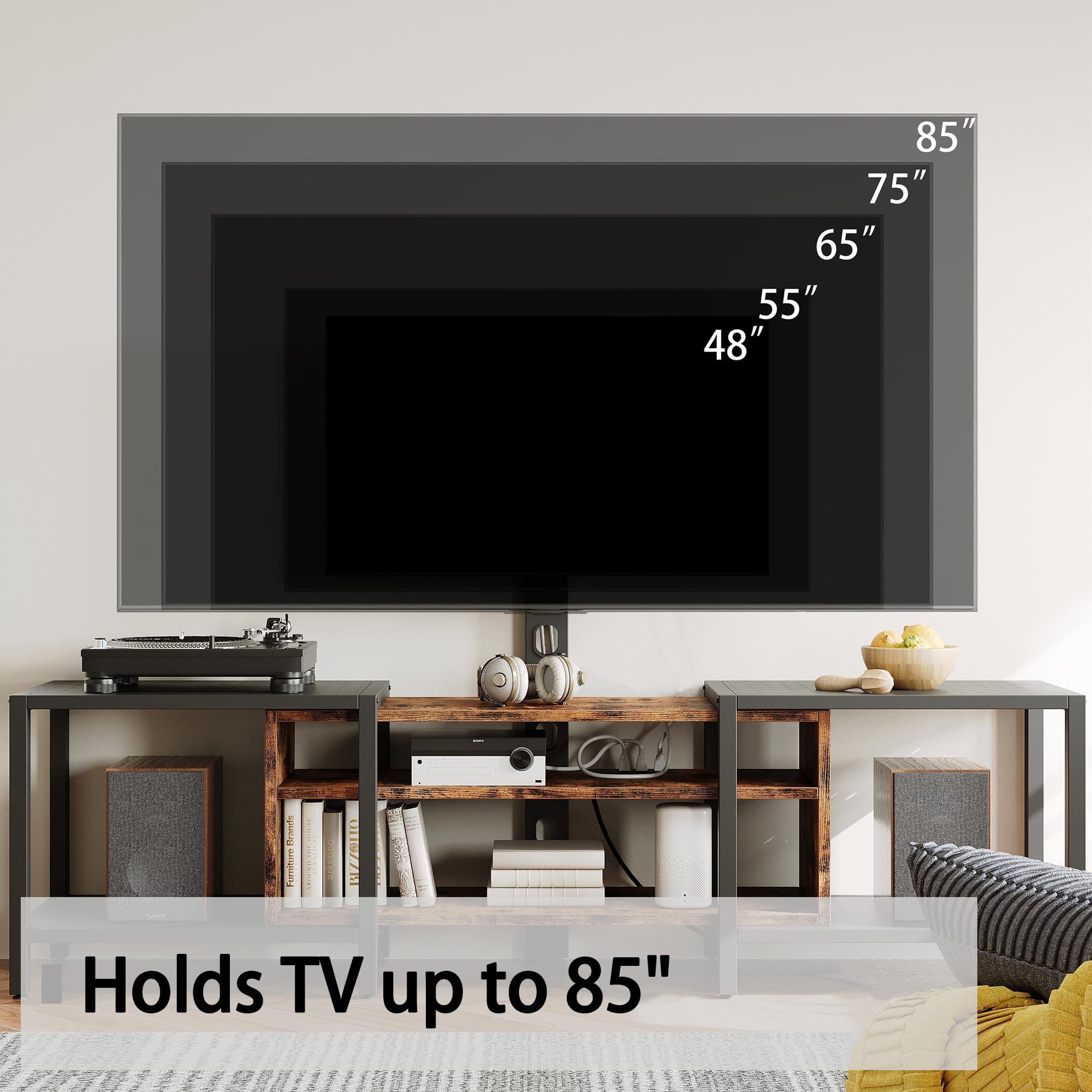 IRONCK 79 Inch TV Stand for TVs up to 85 Inch with Mount and Power Outlet, 3 Tiers TV Console with Storage Shelves, Entertainment Center, Steel Frame, for Living Room, Bedroom, Black