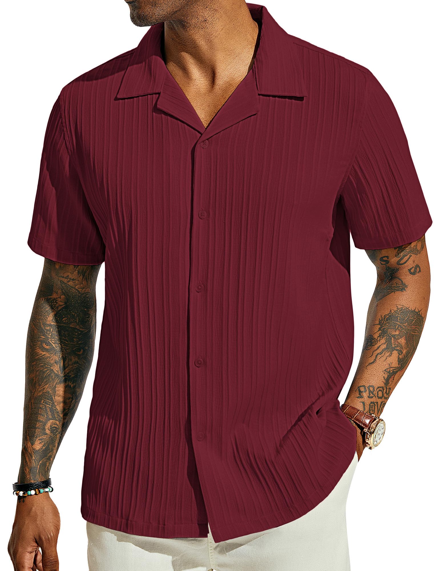 PJ PAUL JONES Men's Casual Button Down Shirts - Short Sleeve Summer Textured Beach Wrinkle-Free Shirts
