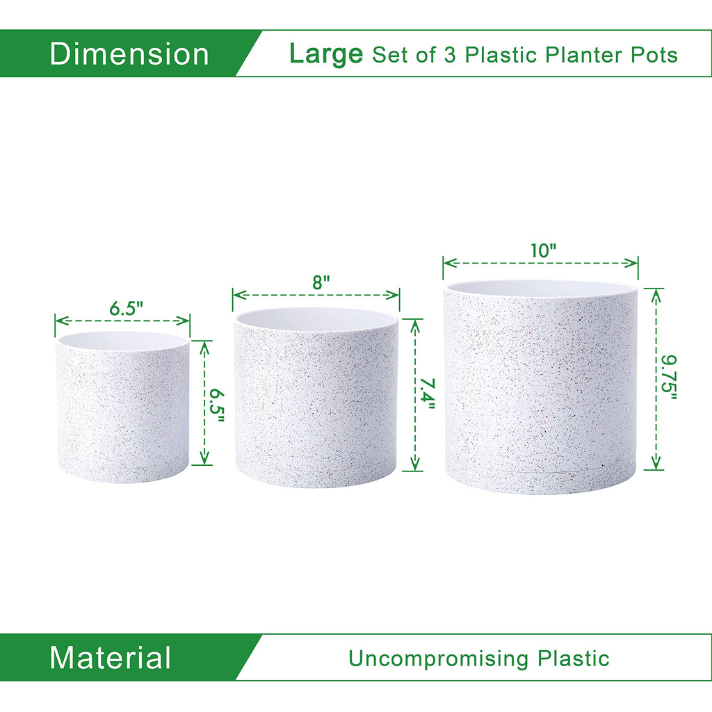 D'vine Dev 6.5 Inch 8 Inch 10 Inch, Set of 3 Plastic Planter Pots for Plants with Drainage Hole and Seamless Saucers, Black Color, Large, 74-V-B-4