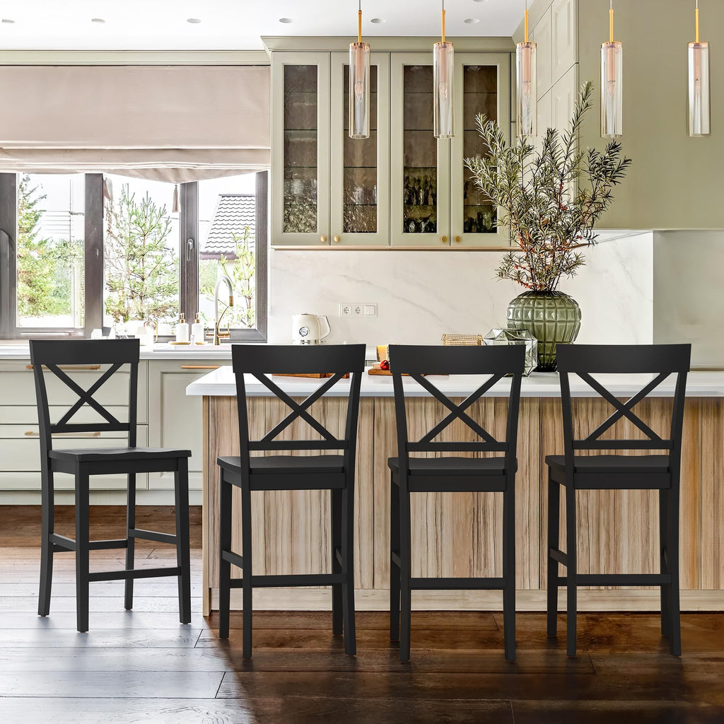 Cozyman Bar Stools Set of 2, 24" H Wooden Counter Stools with Back and Footrest, X-Back Farmhouse Barstools for Kitchen Island, Home Bar, Black