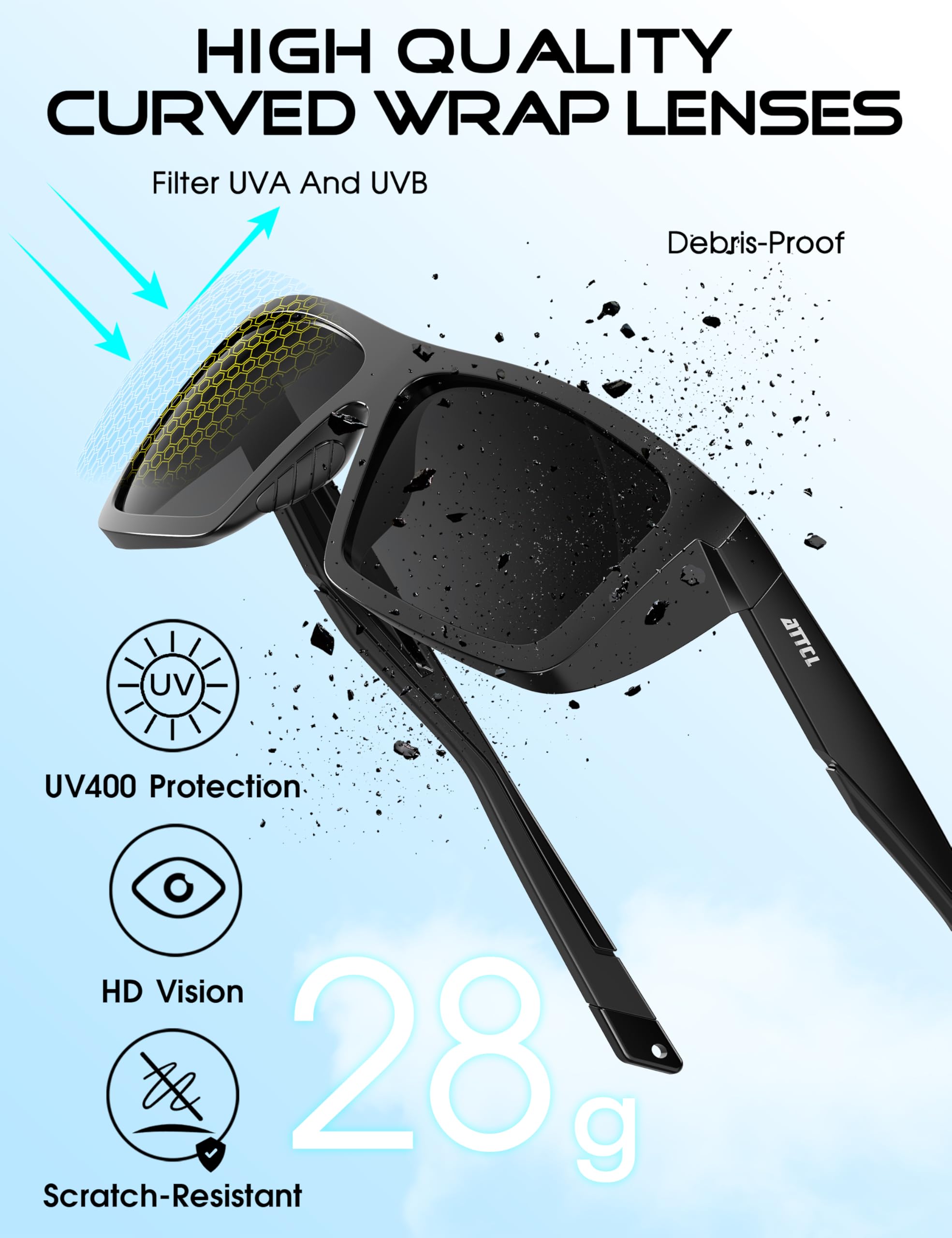 ATTCL Sports Polarized Sunglasses for Men: Secure Anti-Slip Lightweight TR90 Square Frame UV Protection for Driving Fishing