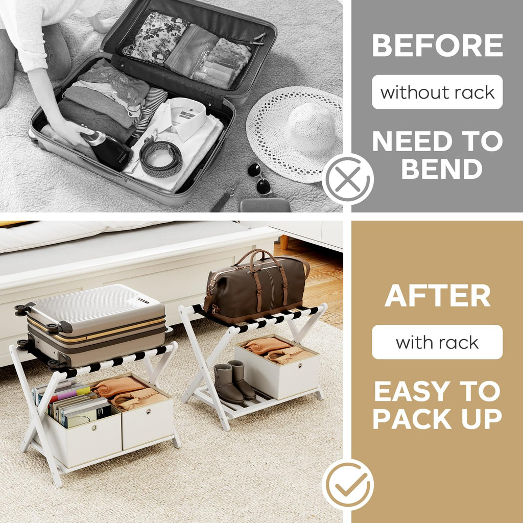 oakvivo Fully Assembled Black Luggage Rack for Guest Room, Bamboo Foldable Suitcase Stand with 5 Nylon Straps, Upgraded Luggage Rack Holder with Shelf for Bedroom Hotel, Holds up to 165 Lbs, 1pcs