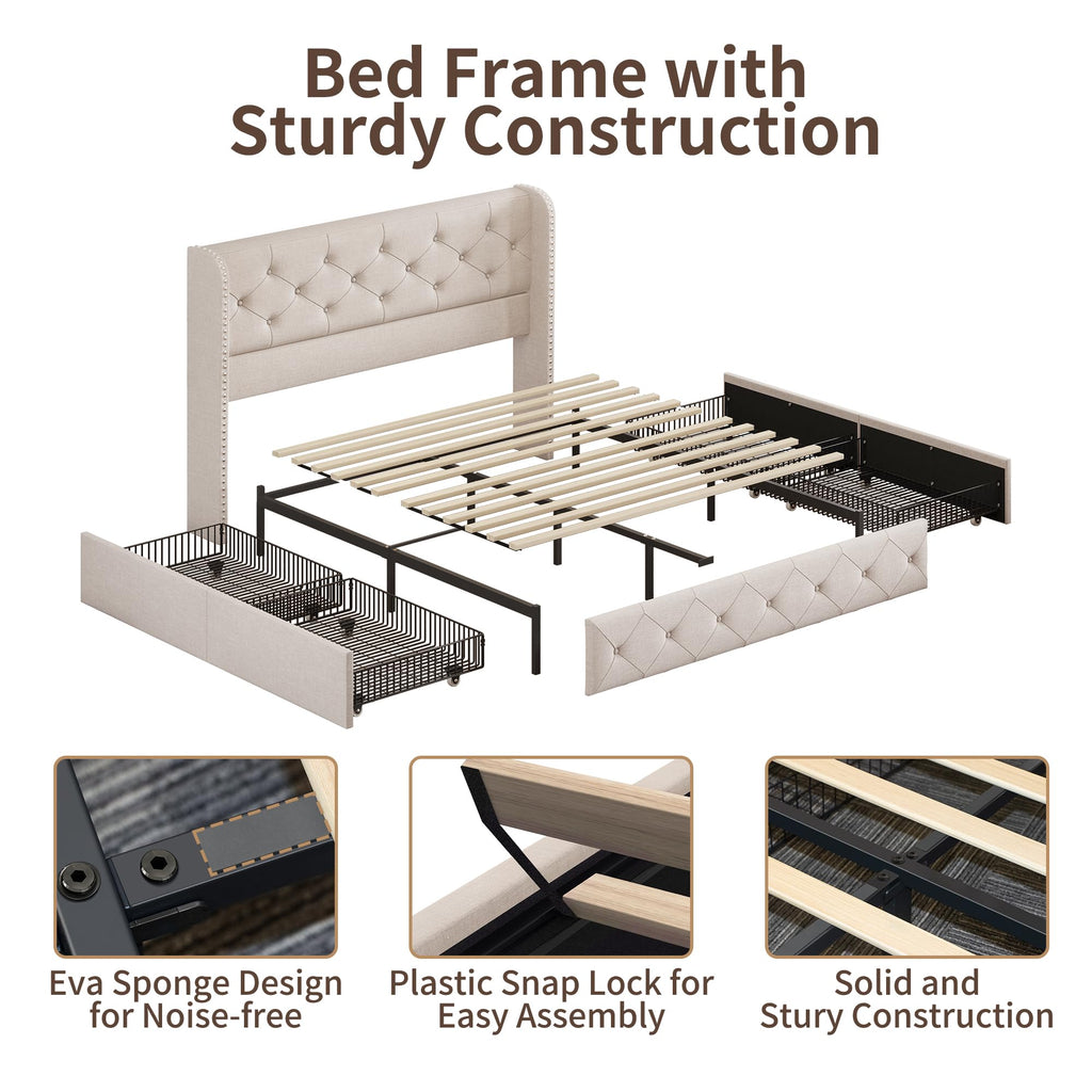 BRELTAM Full Size Bed Frame with Storage Drawers and Wingback Headboard Linen Upholstered Platform Bed Frame Tufted Beds with Heavy Duty Wood Slats, Noise Free, Easy Assembly, Beige