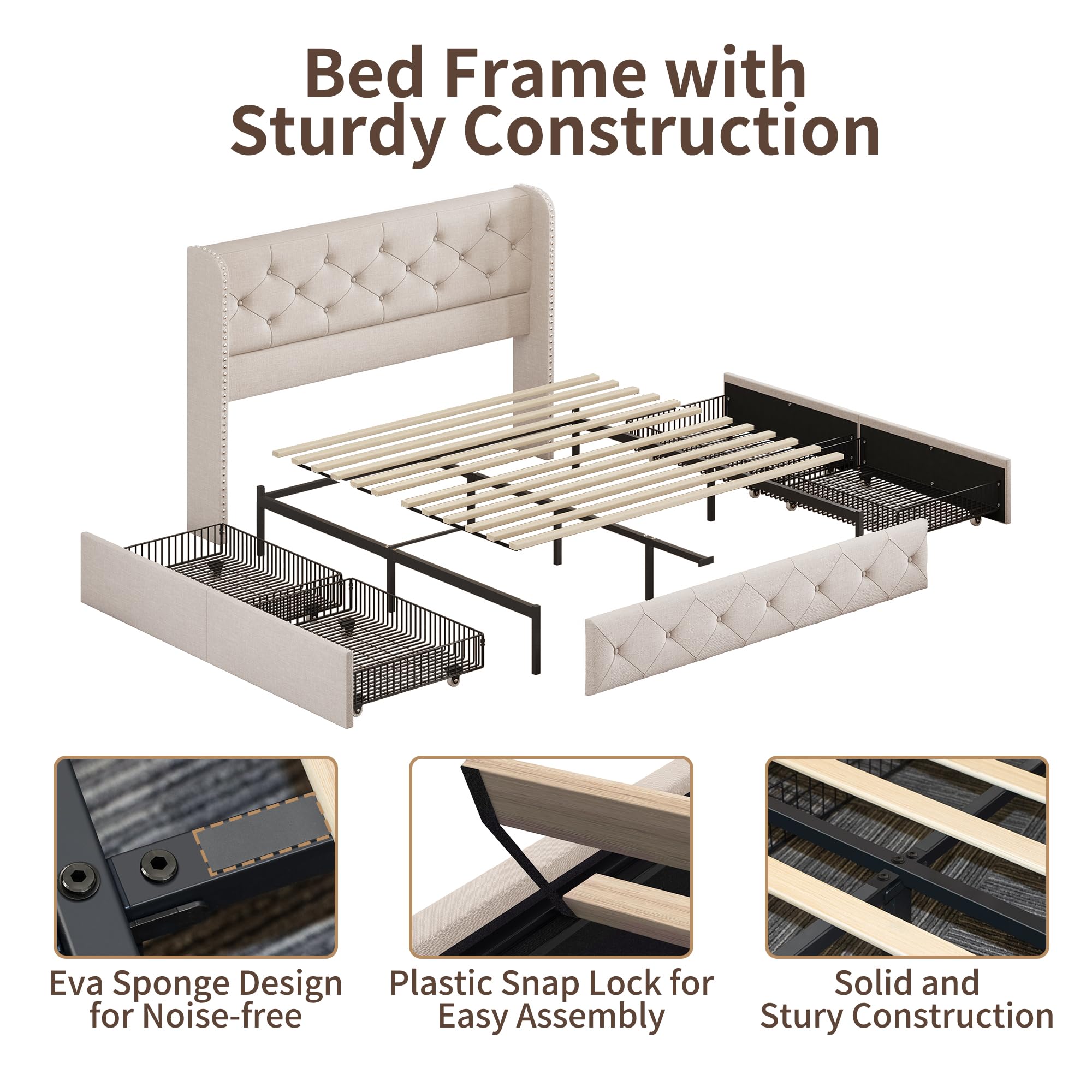 BRELTAM Full Size Bed Frame with Storage Drawers and Wingback Headboard Linen Upholstered Platform Bed Frame Tufted Beds with Heavy Duty Wood Slats, Noise Free, Easy Assembly, Beige
