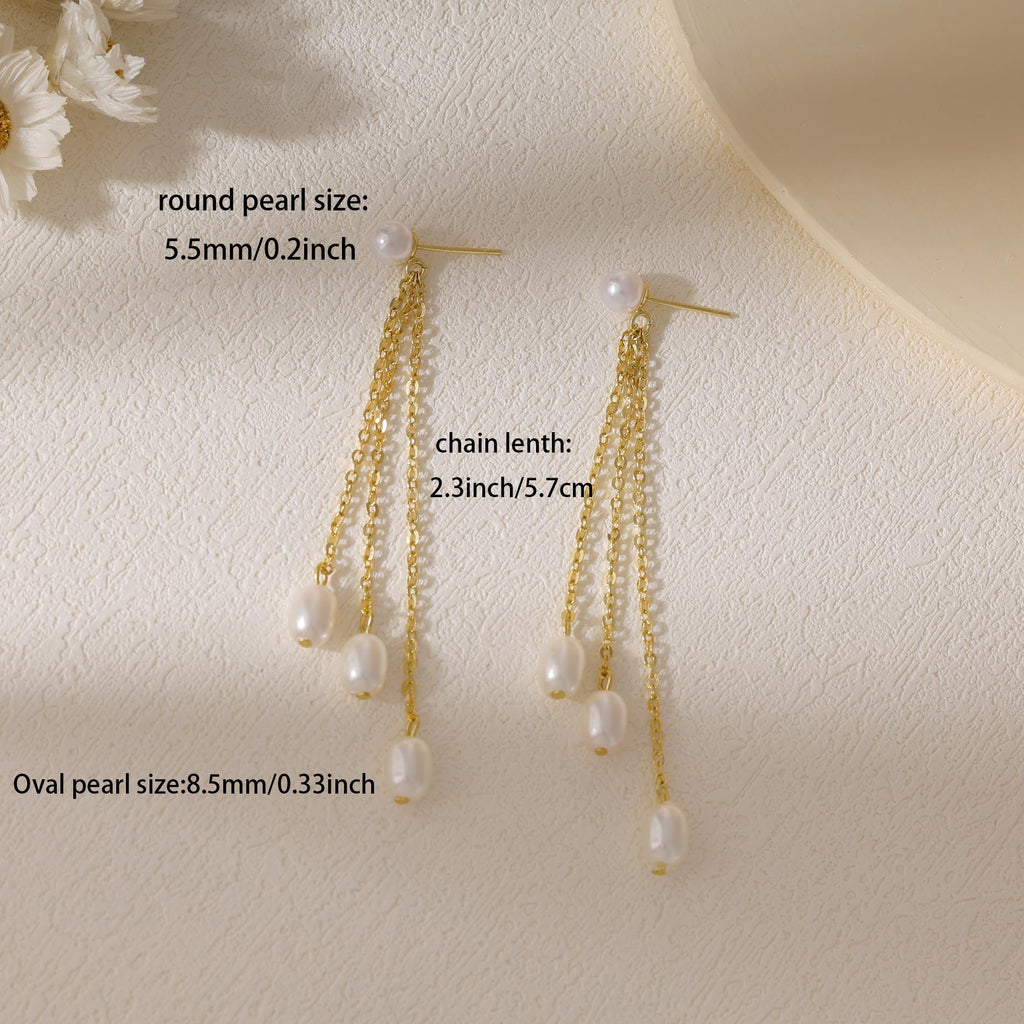 Gold Earrings for Women, 14K Gold Plated Tassel Dangle Earrings for Women Trendy Hypoallergenic Long Chain Earring Dainty Pearl Drop Earrings Elegant Wedding Earring Fashion Jewelry for Womens