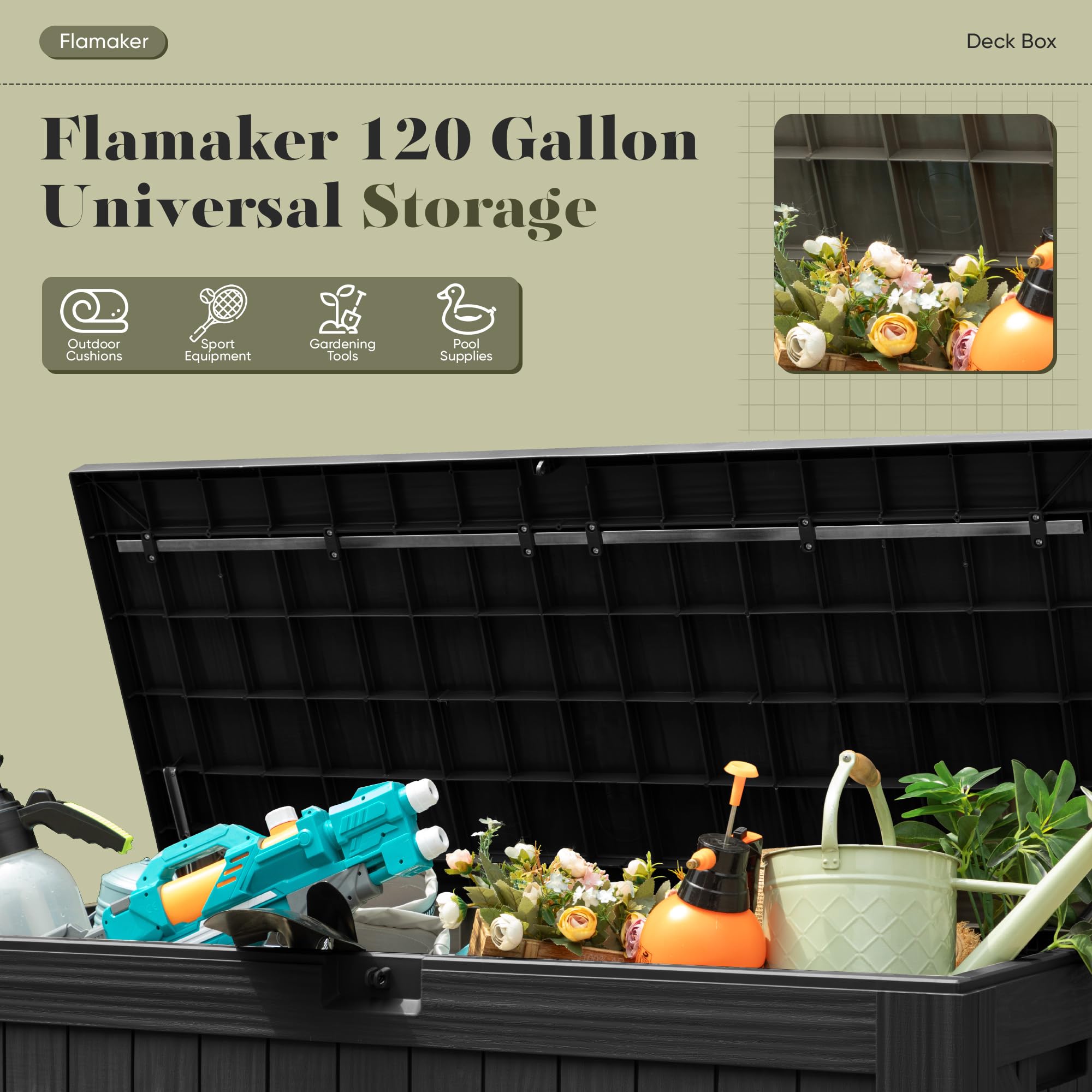 Flamaker Deck Box 30 Gallon, Waterproof Resin Small Storage Box with Lid, Outdoor Patio Furniture Cushion Garden Tool Organizer, Lockable Package Delivery Box for Porch Balcony (Black)