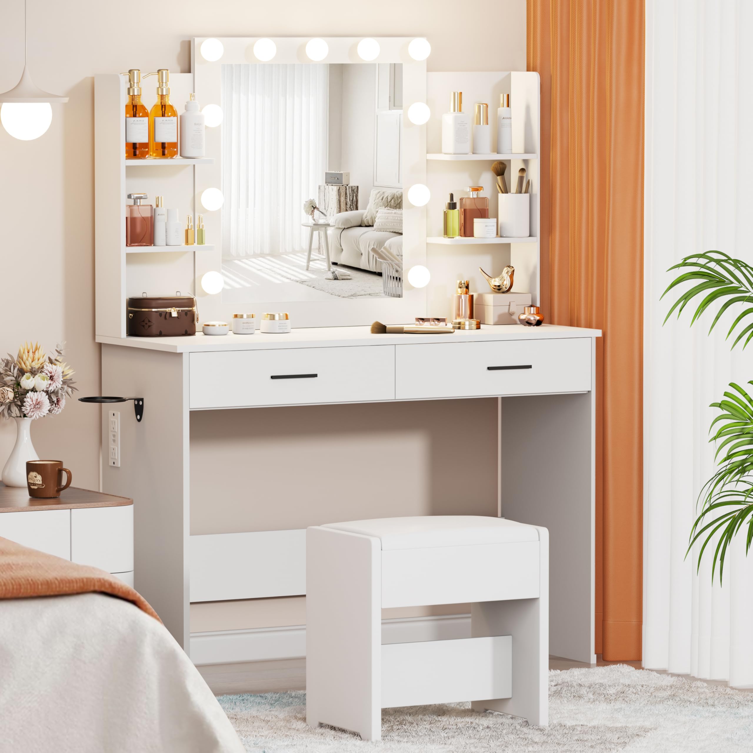 YIKEHOME Makeup Vanity Desk with Mirror and 10 Lights, 3-Colour Hollywood Brighter Bulbs, Vanity Table Set with Large Drawers and and Charging Station for Bedroom Dressing Room White