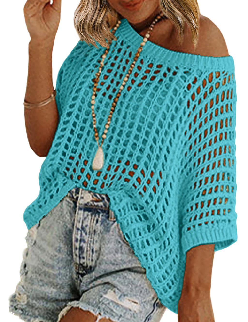 Zeagoo Short Sleeve Crochet Sweater Lightweight Summer Tops Loose Hollow Out Crewneck Pullover