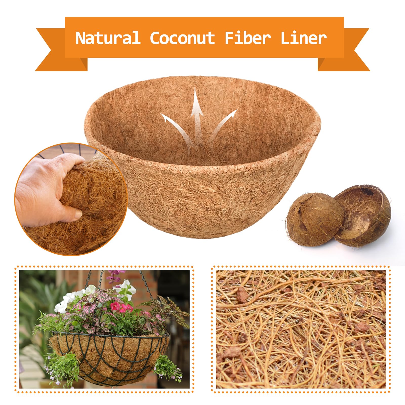 Riare 2 Pack 12 Inch Round Coco Liners Replacement, 100% Natural Coconut Coir Liners for Hanging Baskets, Garden Flower Vegetables Planter Pot, Window Box, Fence, Decks