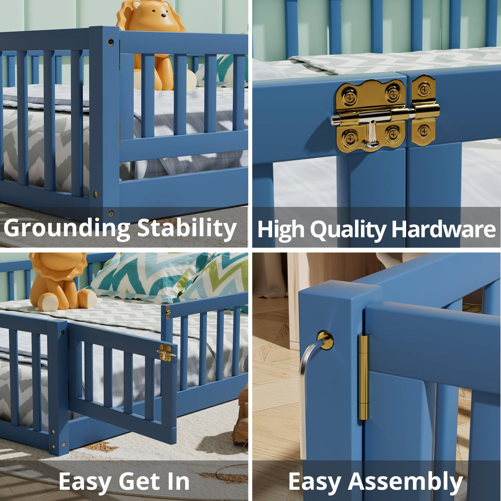 i-POOK Queen Floor Bed for Children, Sturdy Wood Montessori Bed Frame with Wood Slats, High Fence & Small Door for Girls and Boys, Espresso (with Bed Slats)