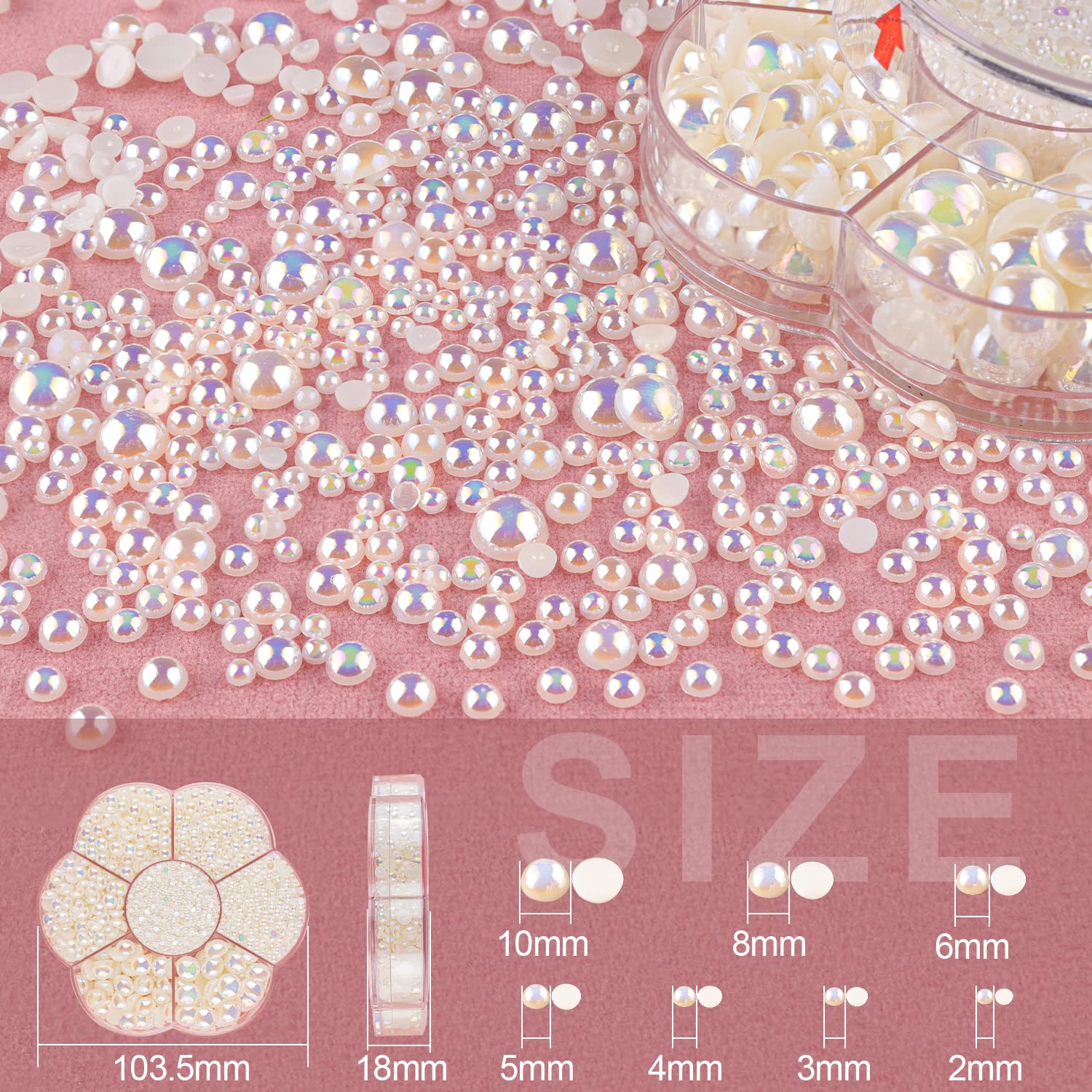BELLEBOOST 5600pcs ABS Round Flat Back Beige Pearls Kit with Pickup Tools for Nail Art, Face, Body Decorations