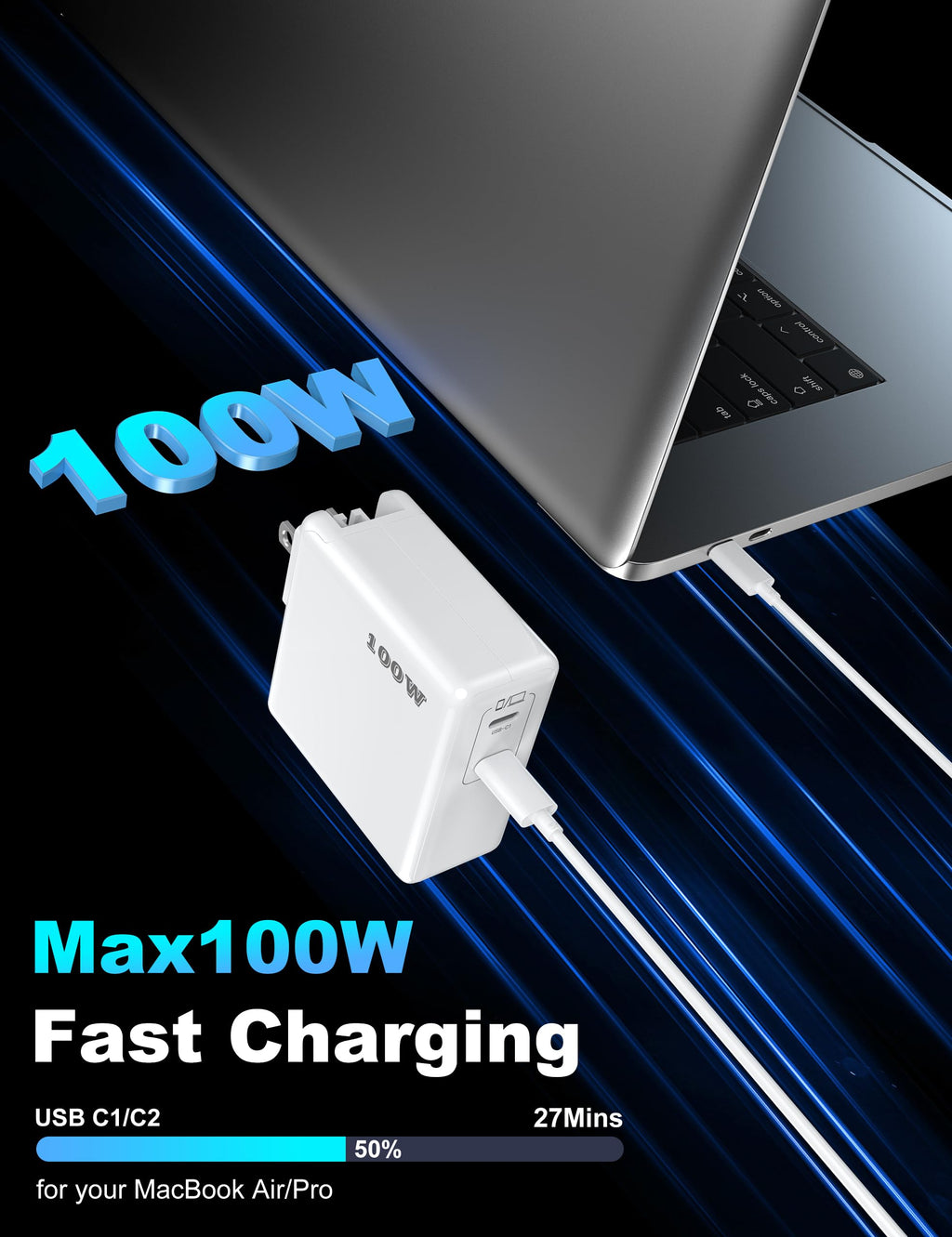USB C Super Fast Phone Charger 100W, 65W GaN Type C Charger Fast Charging Block with 10ft USB C Charging Cable for Samsung Galaxy S26 Ultra/S26/S26+,MacBook Pro/Air,iPhone/iPad Pro[2 Pack]-Black