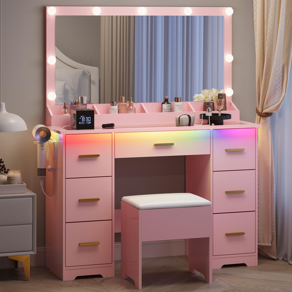 BORNOON 45” Fluted Makeup Vanity Desk with Mirror and Lights, Glass Top Dressing Table with 5 Drawers, LED Lighted Adjustable Cabinet, Trays & Charging Station for Bedroom Dressing Room