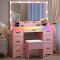 BORNOON 45” Fluted Makeup Vanity Desk with Mirror and Lights, Glass Top Dressing Table with 5 Drawers, LED Lighted Adjustable Cabinet, Trays & Charging Station for Bedroom Dressing Room
