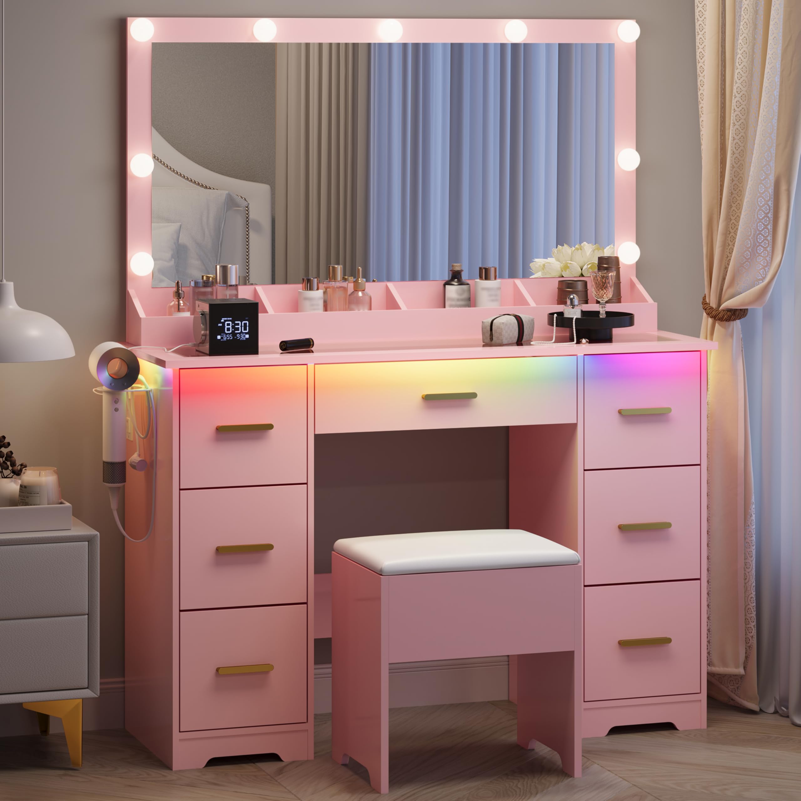 BORNOON 45” Fluted Makeup Vanity Desk with Mirror and Lights, Glass Top Dressing Table with 5 Drawers, LED Lighted Adjustable Cabinet, Trays & Charging Station for Bedroom Dressing Room