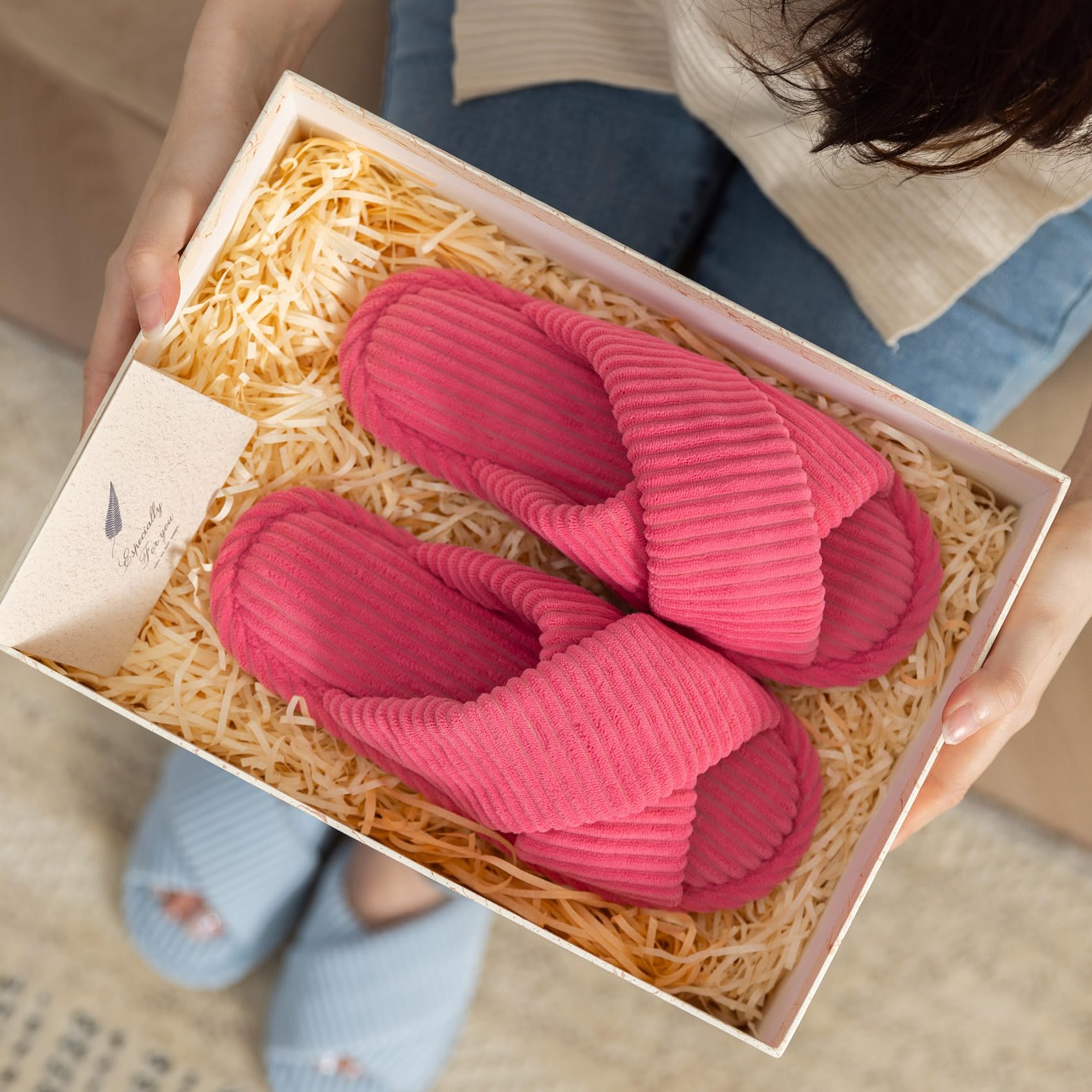 GOEWY Slippers for Women Memory Foam House Bedroom Corduroy Crossbands Open Toe Slides Sandals Shoes Comfy Trendy Gift for womens Anti-Skid sole