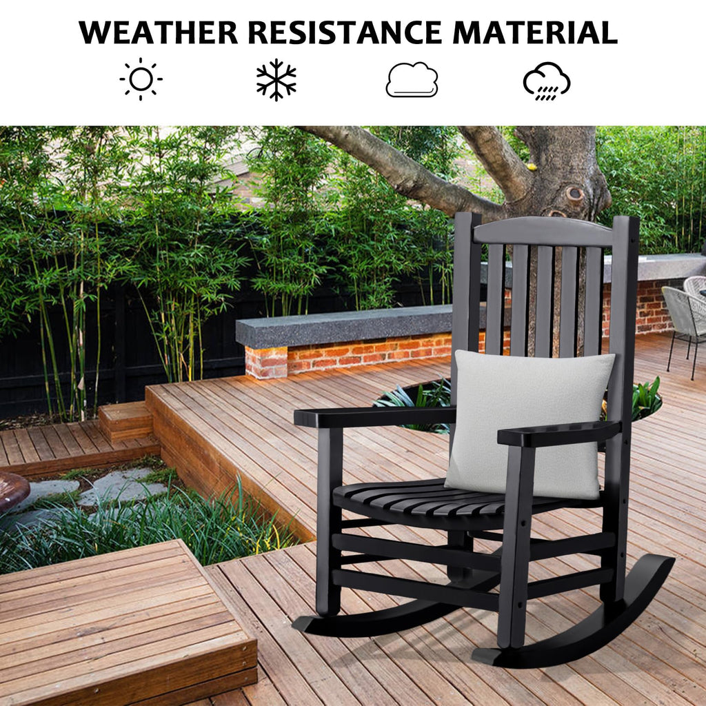 Hupmad Wooden Rocking Chair Outdoor Oversized Porch Rocker Chair,Patio Wooden Rocker with High Back and Armrest,All Weather Rocker Slatted for Backyard,Garden,400 lbs Support,Black