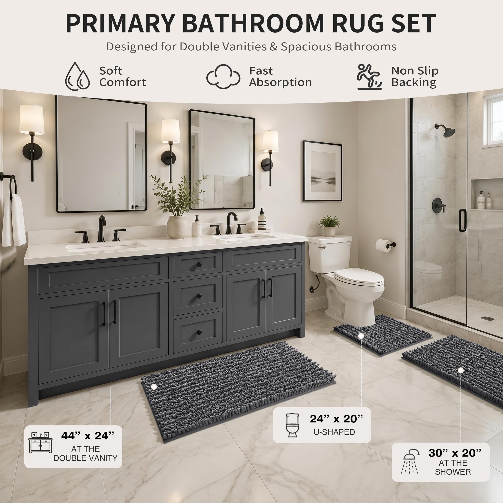 Yimobra Black Bathroom Rug Set 3 Piece - Super Absorbent Quick Dry Chenille Bath Mats & Toilet Rug, Non Slip Machine Washable, Extra Thick Shaggy Floor Mat for Shower Tub Sink