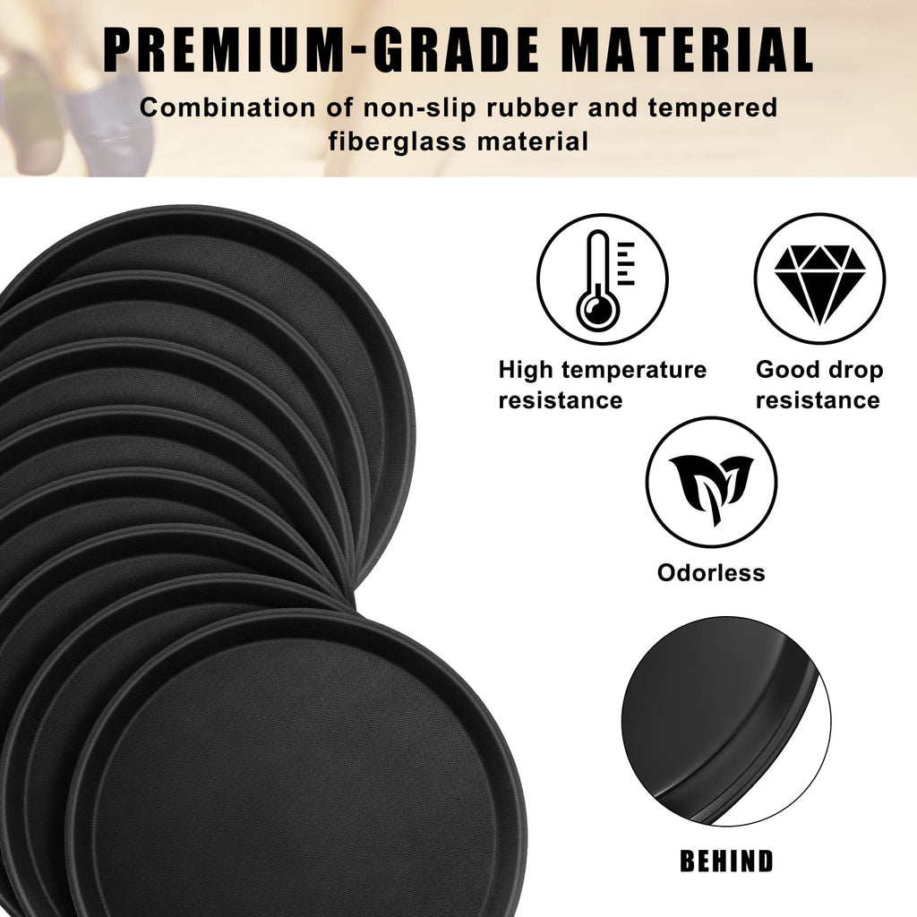 Zopeal 2 Pieces Black Round Restaurant Serving Tray, Plastic Non Slip Surface Food Meals Server Tray with Raised Edges for Home, Kitchen, Restaurant, Cafeteria, Bar (11")