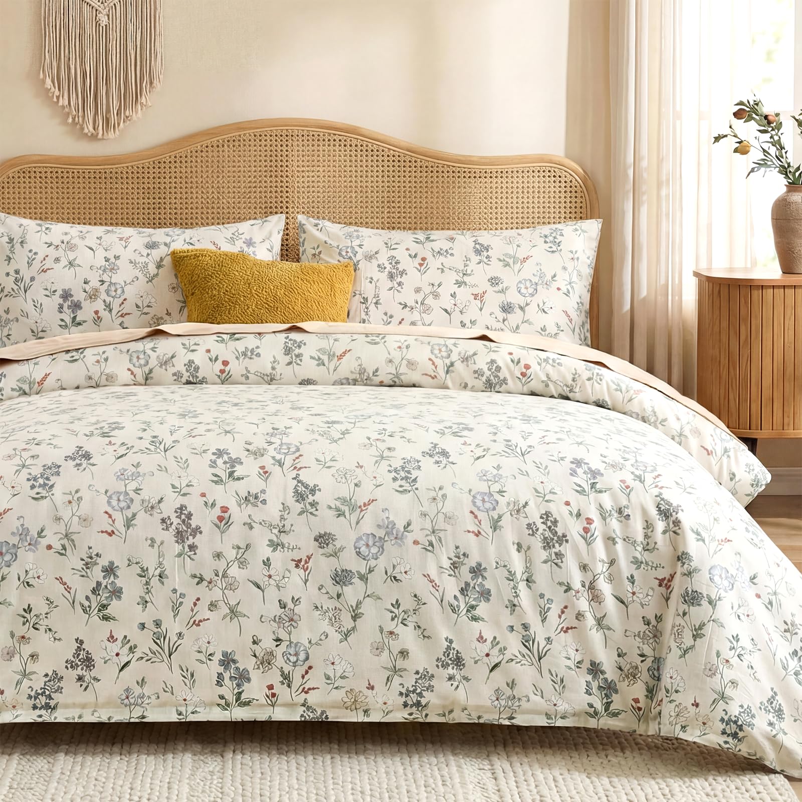 100% Natural Cotton Comforter Set Queen 3 Pcs Grayish Blue Bedding Sets with Luxurious Damask Pattern, Reversible Breathable Soft Comforter Sets for All Season