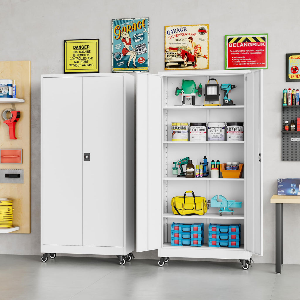 SISESOL Wide & Deep Metal Storage Cabinet with Wheels,Tall Rolling Garage Storage Cabinet with Lock,Black Metal Cabinets with Pegboards and Shelves,Tool Locker for Garage,Home,Office,43''Wx 20''Dx71"H