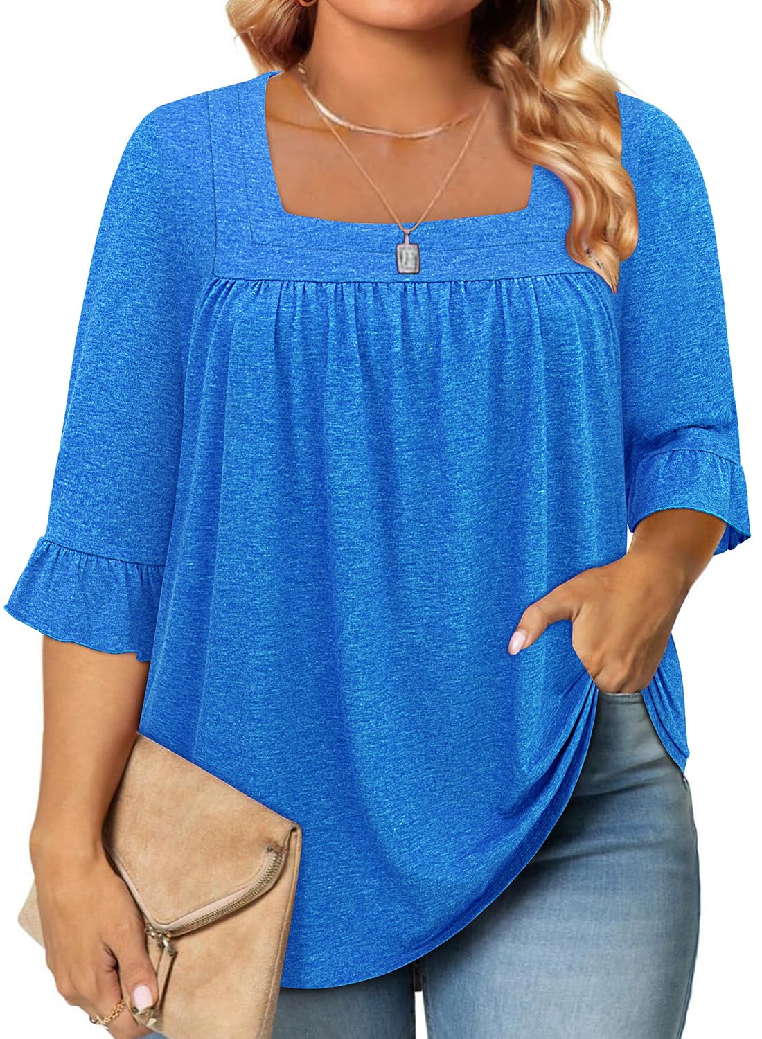 Siddhe Womens Plus Size Tops Loose Fit 3/4 Ruffle Sleeve Blouses Square Neck T Shirt Casual Tunic Tops(1X-5X)