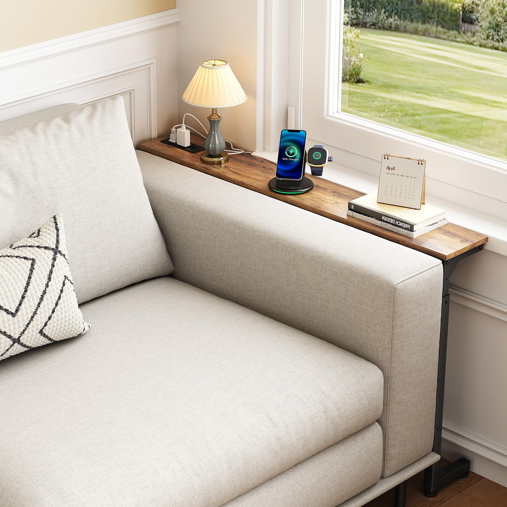 Kitstorack Narrow Sofa Table with Charging Station, 78.8" Behind Couch Table, Adjustable 24.4"-32.7" Height, Modular 2-piece Design for sectionals, entryways, Apartments, and Narrow Living Spaces