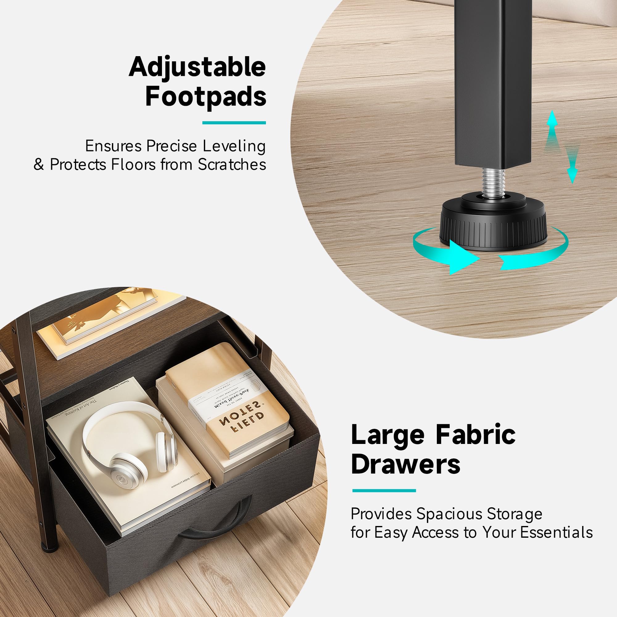 Lazzanto Night Stand Bedside Charger Bedroom - Nightstand with Charging Station & LED Light Strip, Night Stand with Storage Shelf & 2 Fabric Drawers, Morden End Table with U-S-B Ports & AC Outlets