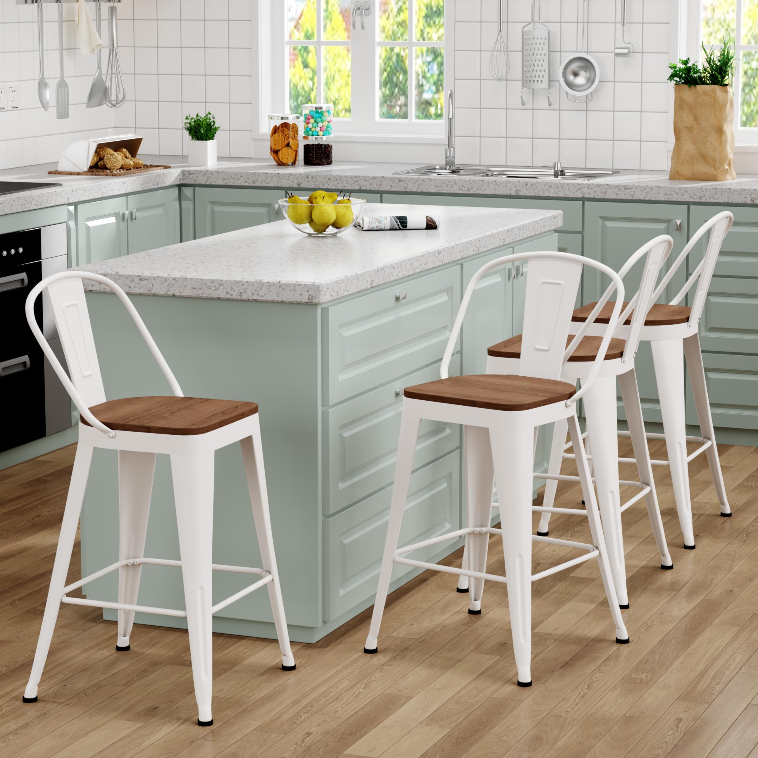 Barstools Set of 4 Counter Height Bar Stools for Kitchen Island Farmhouse Metal High Back Bar Chairs Wooden Seat 24" Matte Black