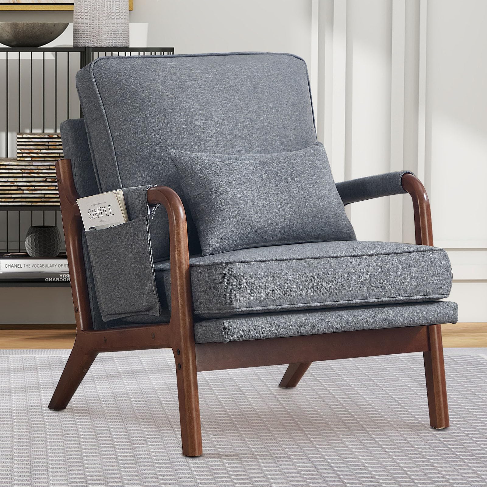 ANJ Mid Century Modern Accent Chair, Comfy Fabric Living Room Chairs with Solid Wood Frame, Lounge Reading Armchair, Easy Assembly, Beige