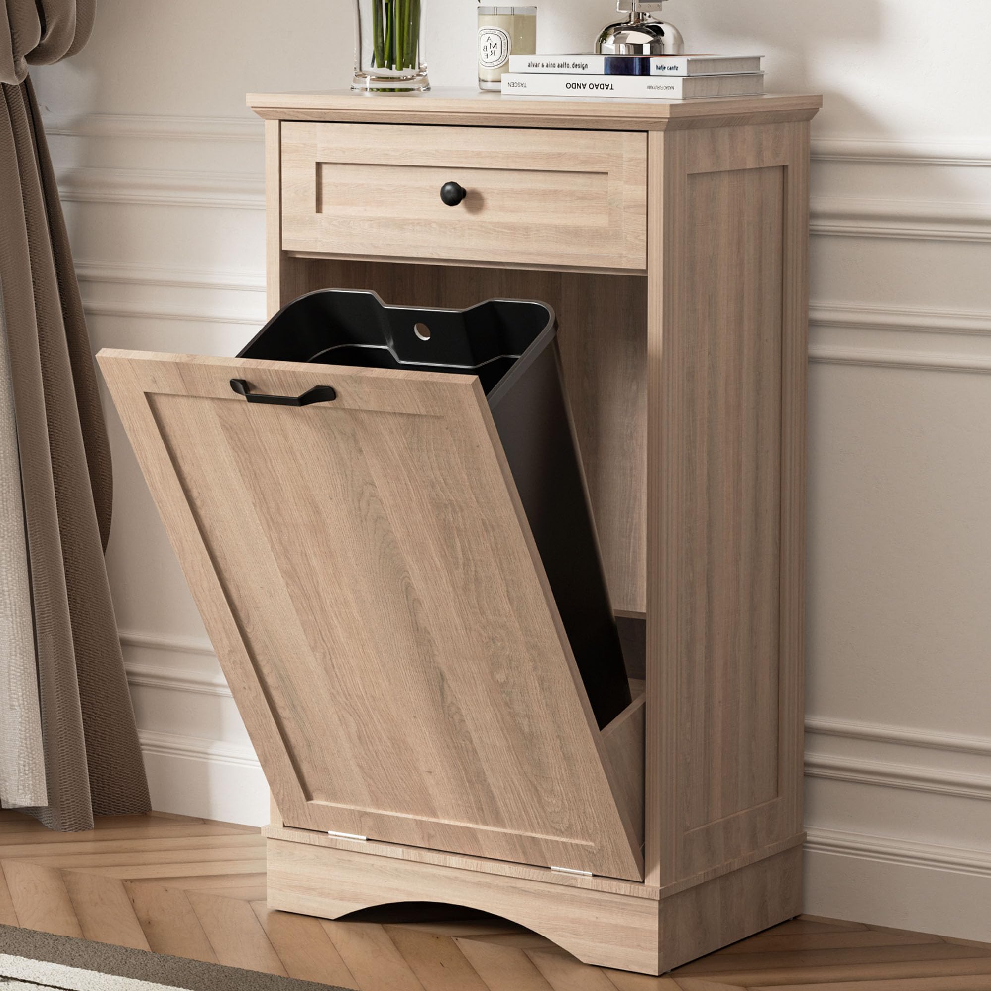 AHB Double Tilt Out Trash Can Cabinet Freestanding Kitchen Trash Can, 2x13 Gallons Hidden Garbage Recycling Cabinet with Hideaway Drawers Pet Proof Trash Can Holder for Kitchen, Antique White