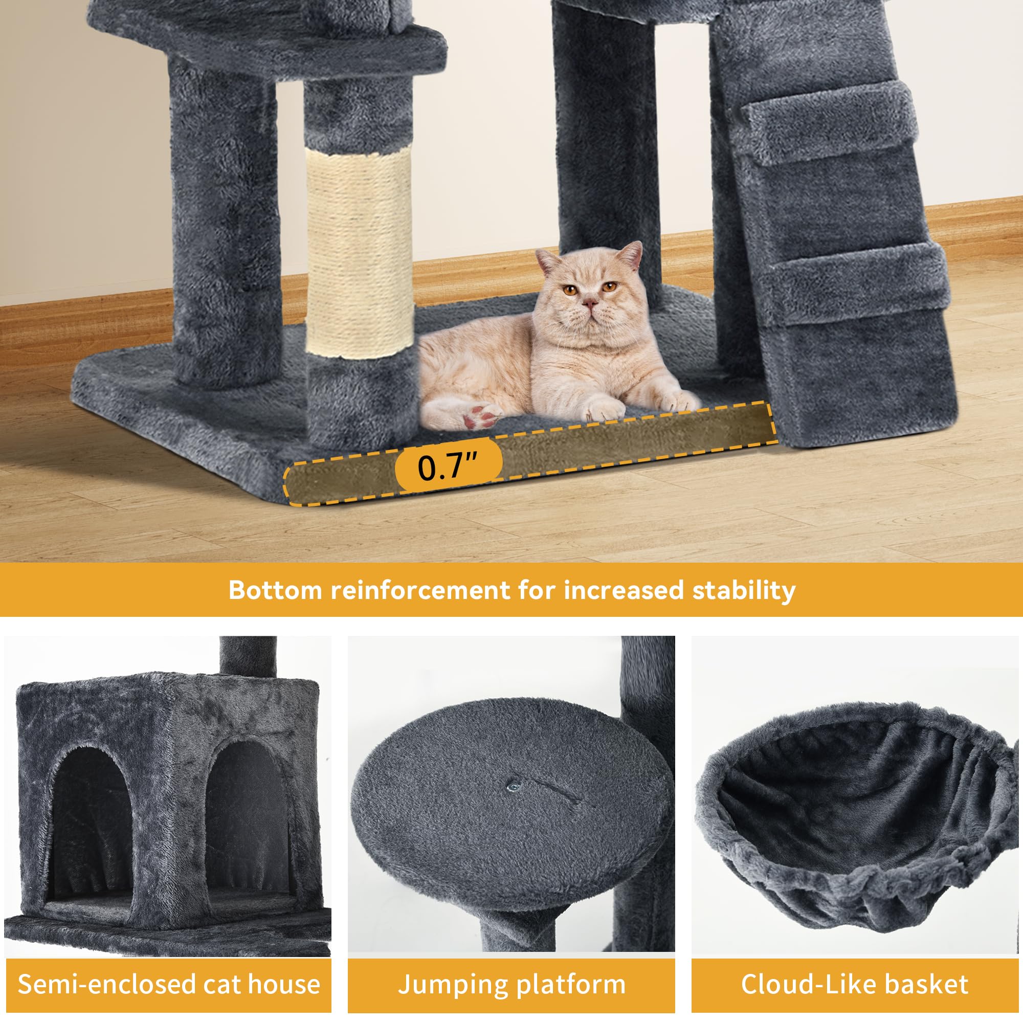 YITAHOME 44in Multi-Level Cat Tree for Indoor Kittens, Cat Furniture with Scratch Posts, Window Padded Plush Perch, Comfortable Hammock, and Interactive Pompoms, Beige